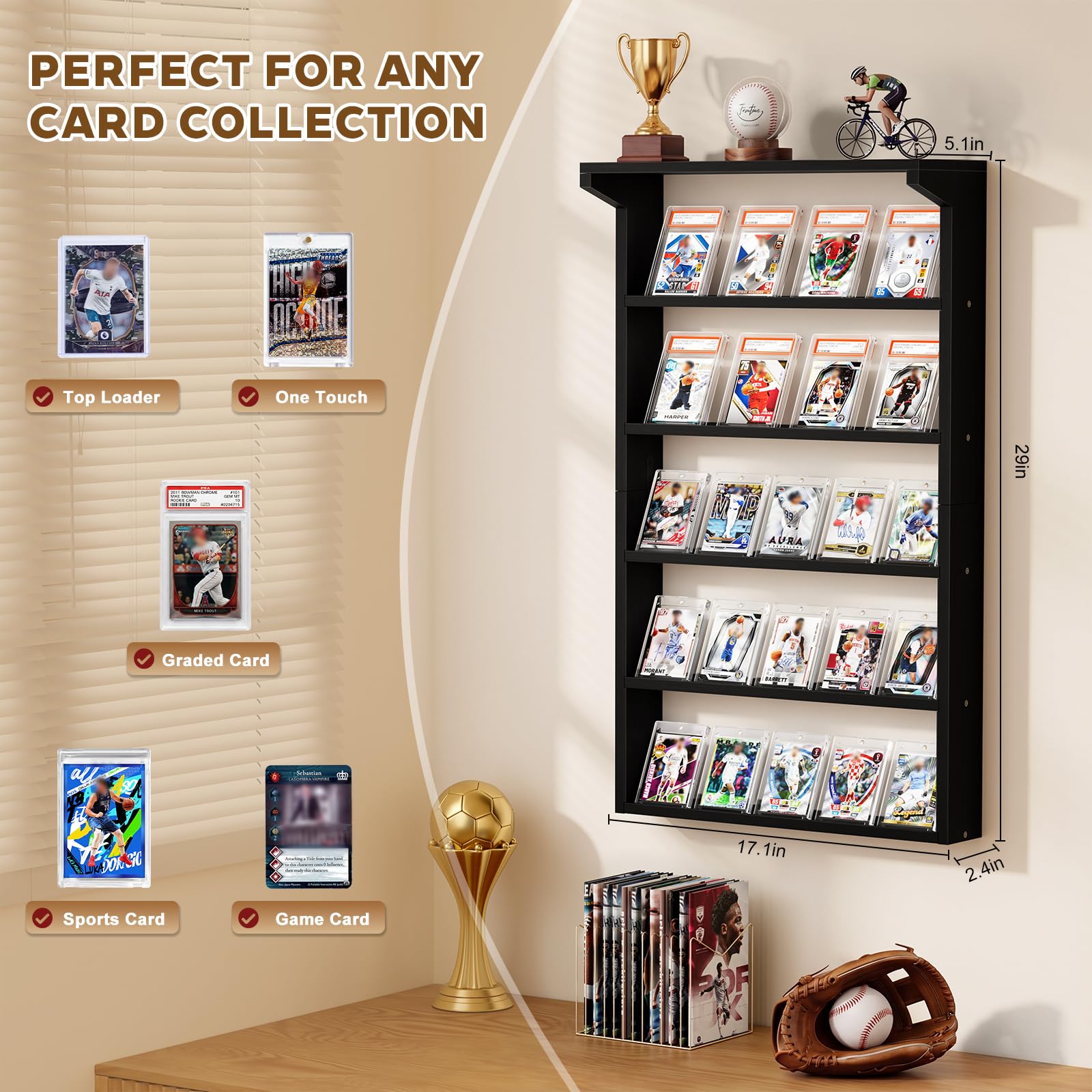 Espositore per carte collezionabili da parete, 5 ripiani, grande, in legno, con ripiano superiore, espositore per carte sportive, collezione di carte da baseball, basket, calcio (nero)