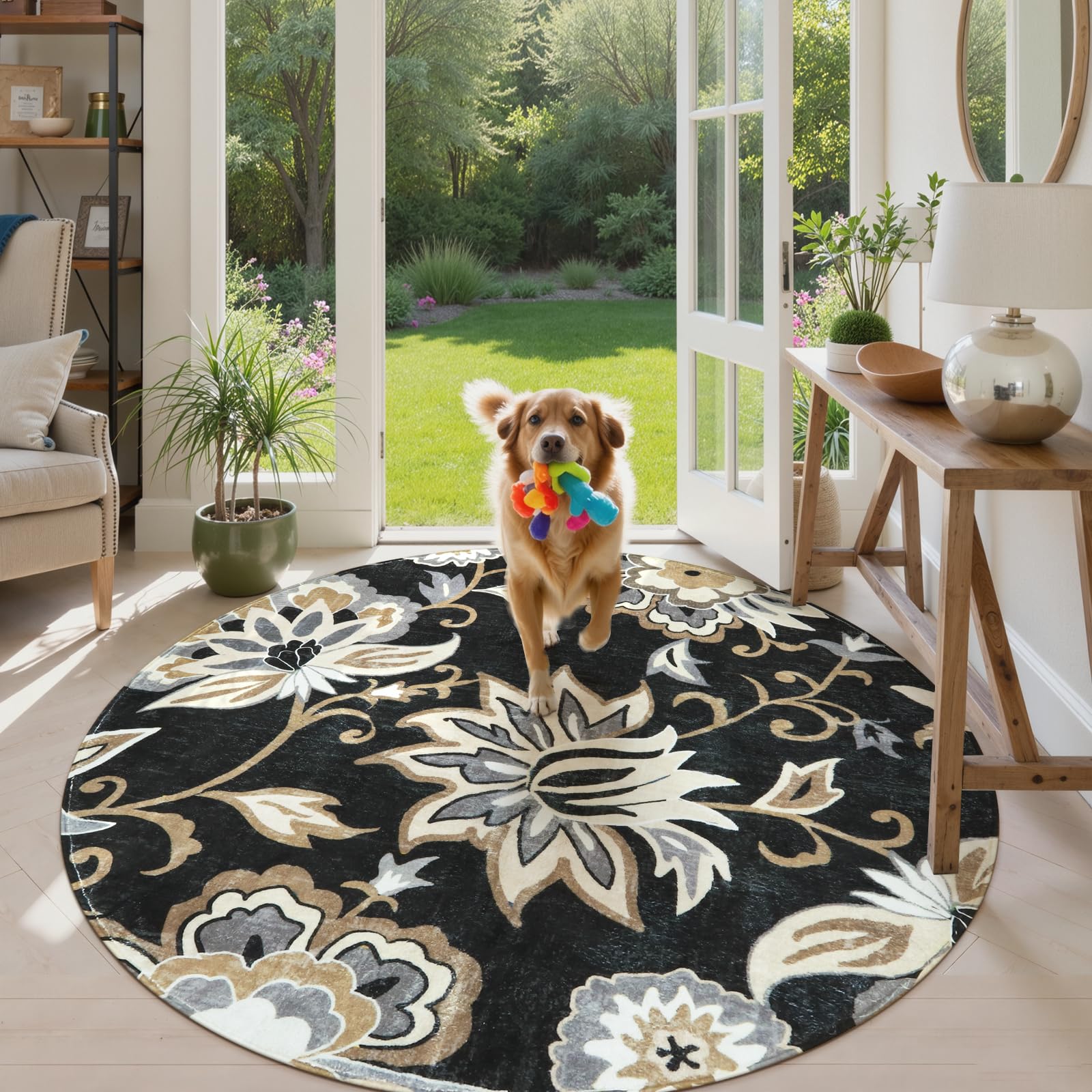 Amazon.com: Lahome Floral Black Round Area Rug - 5Ft Washable
