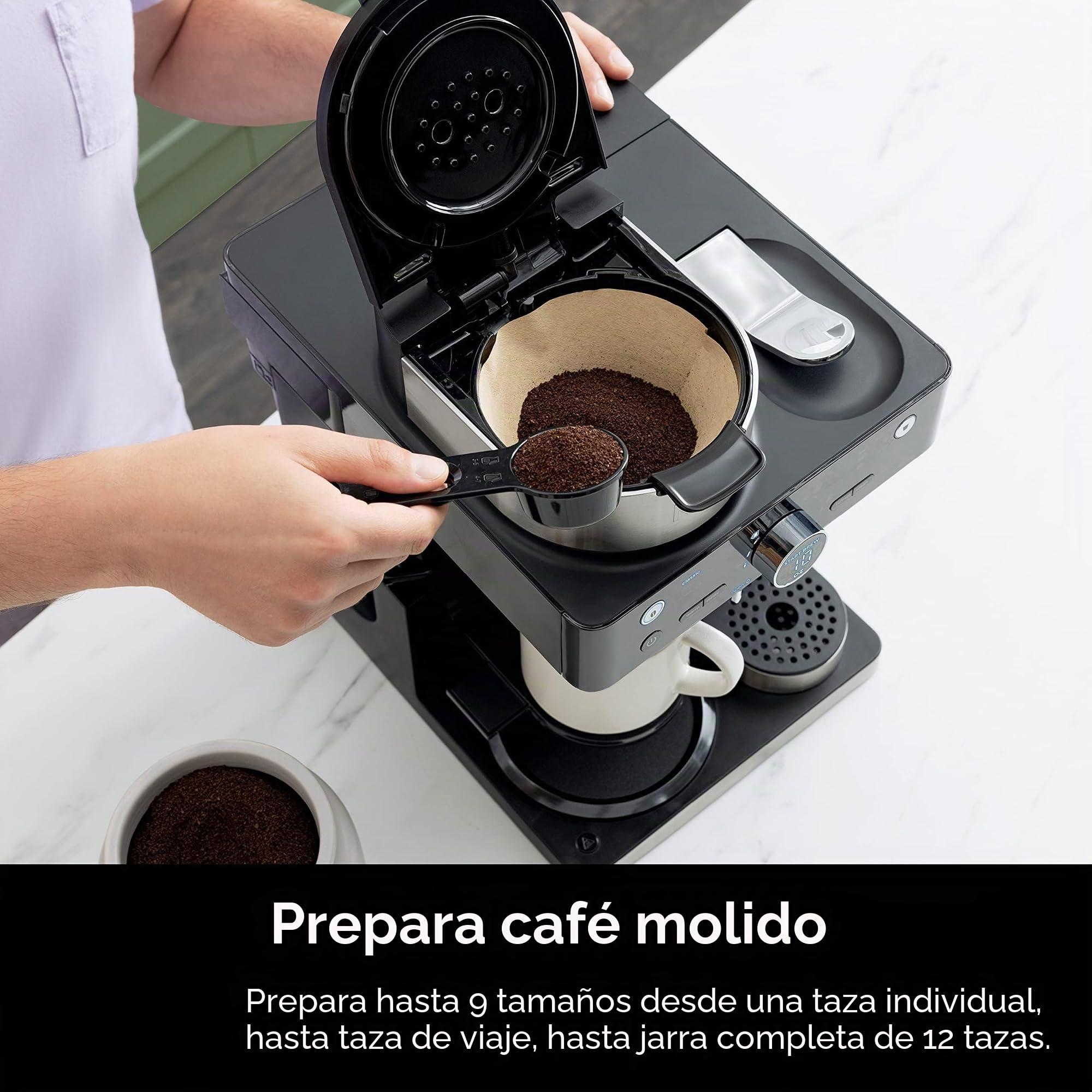 Ninja CFN601 Espresso & Coffee Barista System, 3 estilos de preparación de espresso, compatible con café de una sola porción y cápsulas Nespresso, jarra de 12 tazas, espumador integrado, máquina de
