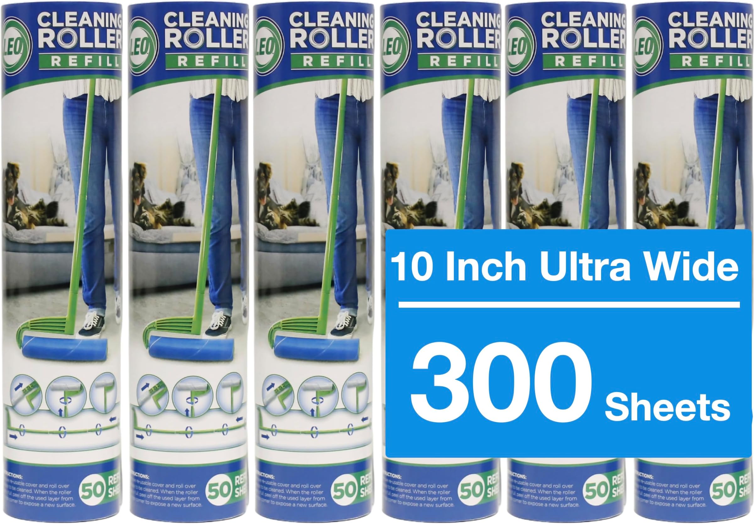 Leo Large 10-Inch Wide Lint Roller Refills 6 Rolls 300 Ultra-Wide Sheets for Lint Removers Household Cleaning Easily Remove Pet Hair Dust and Debris from Floors Carpets and Furniture