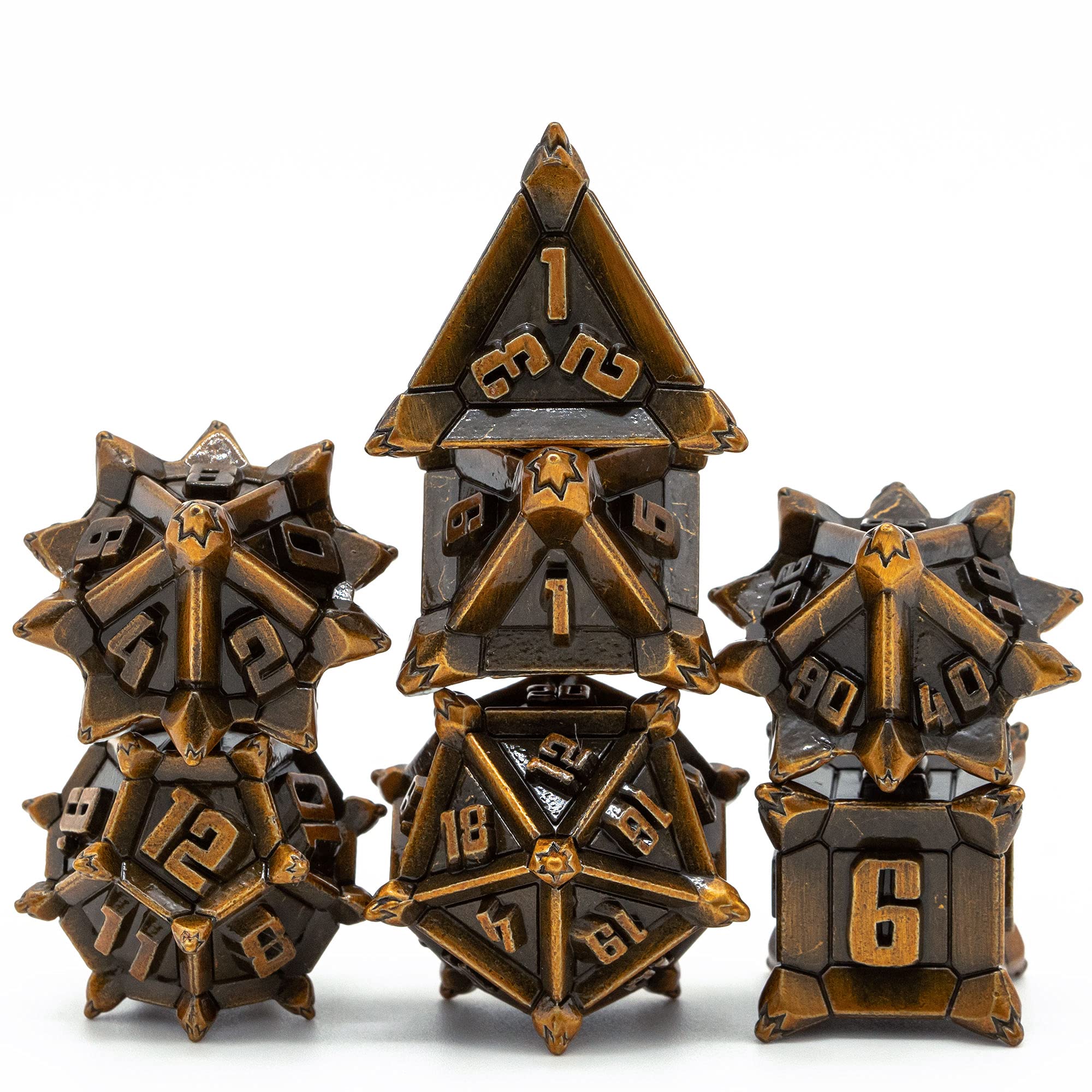 Cusdie Metal Dice Set, 7 Pcs DND Metal Dice, Pinwheel Design Polyhedral Dice Set, for Role Playing Game D&D Dice (Ancient Golden)
