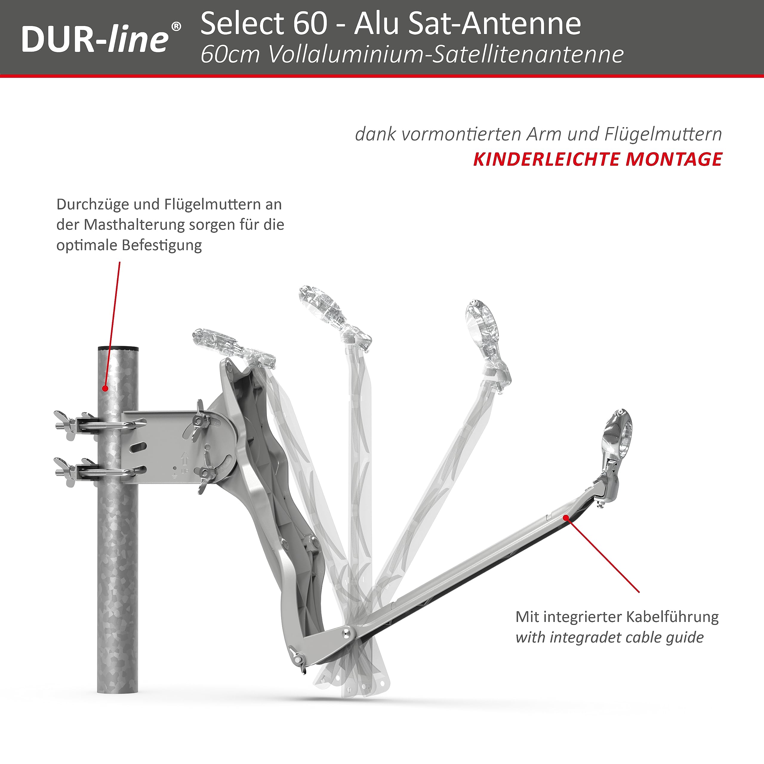 DUR-line Zestaw 2 odbiorników – wysokiej jakości zestaw satelitarny z aluminium – Select 60 cm/65 cm lustro/miska antracyt + Twin LNB – na 2 odbiorniki / TV [najnowsza technologia, DVB-S2, 4K, 3D]