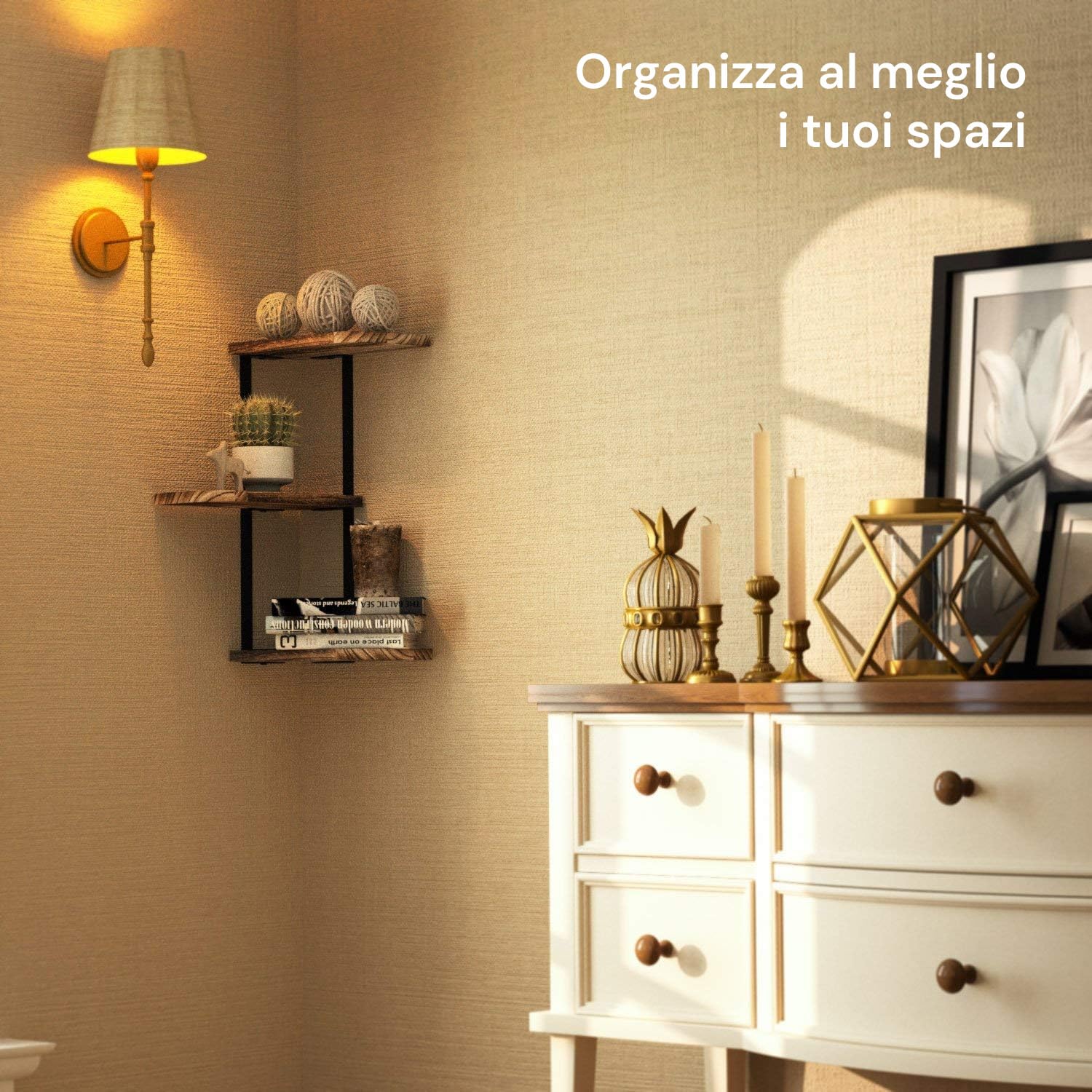 Avilia Mensola Angolare da Parete a 3 Livelli - Scaffale Sospeso in Legno Antico e Metallo - Design Vintage Industrial Salvaspazio per Soggiorno, Cucina e Camera - Montaggio ad Angolo