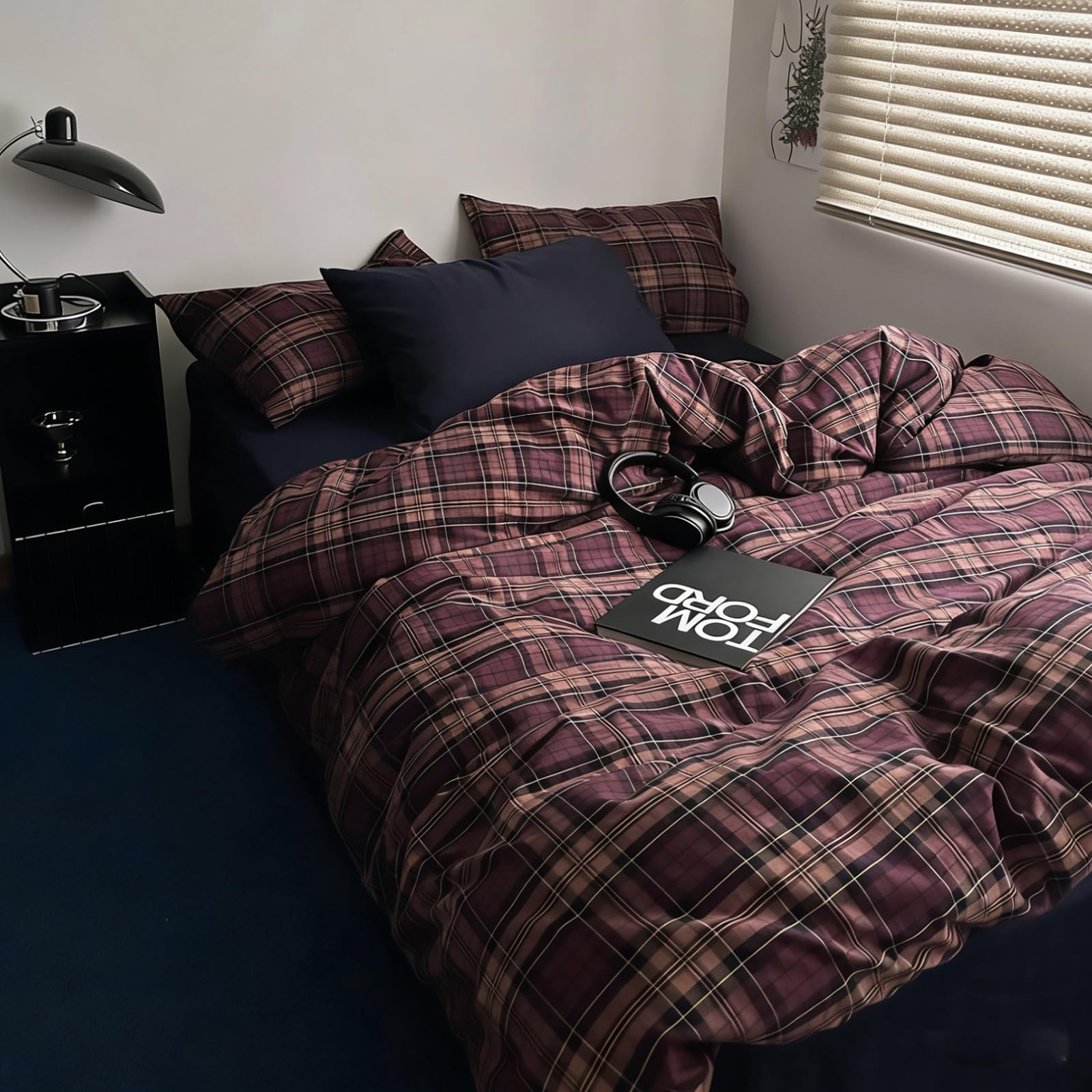 MKXI King Size Rustic Burgundy Plaid Duvet Cover Set, 3 Piece Farmhouse Bedding with Navy Check Accents, 100% Washed Cotton, Breathable Vintage Aesthetic Bed Set with Zipper Closure &amp; Corner Ties