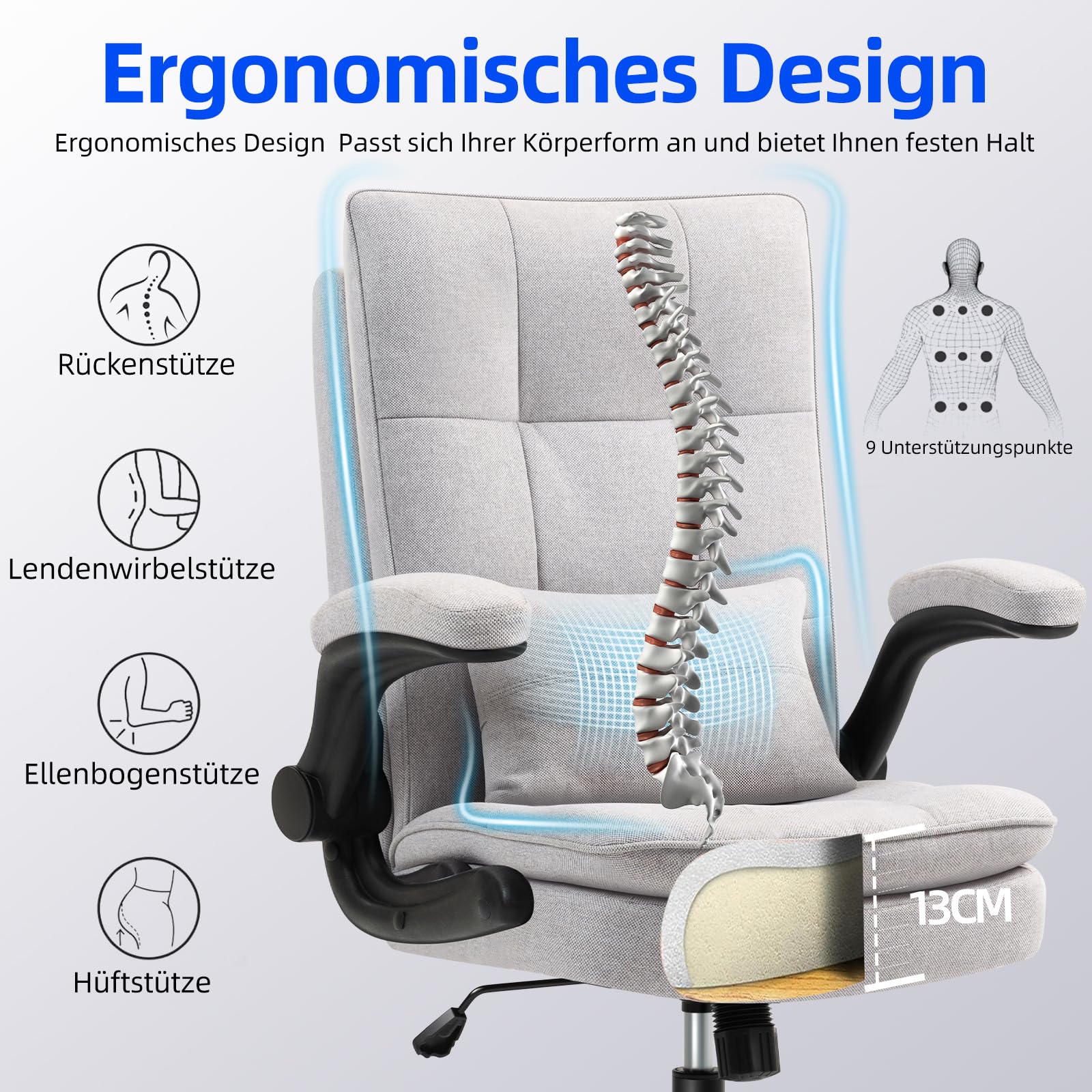Bürostuhl Ergonomisch [TESTSIEGER] Schreibtischstuhl | Atmungsaktiver Stoff & Hohe Rückenlehne | Höhenverstellbar & Wippfunktion | Chefsessel 150 Kg | Drehstuhl Mit Rollen | PC Stuhl Grau