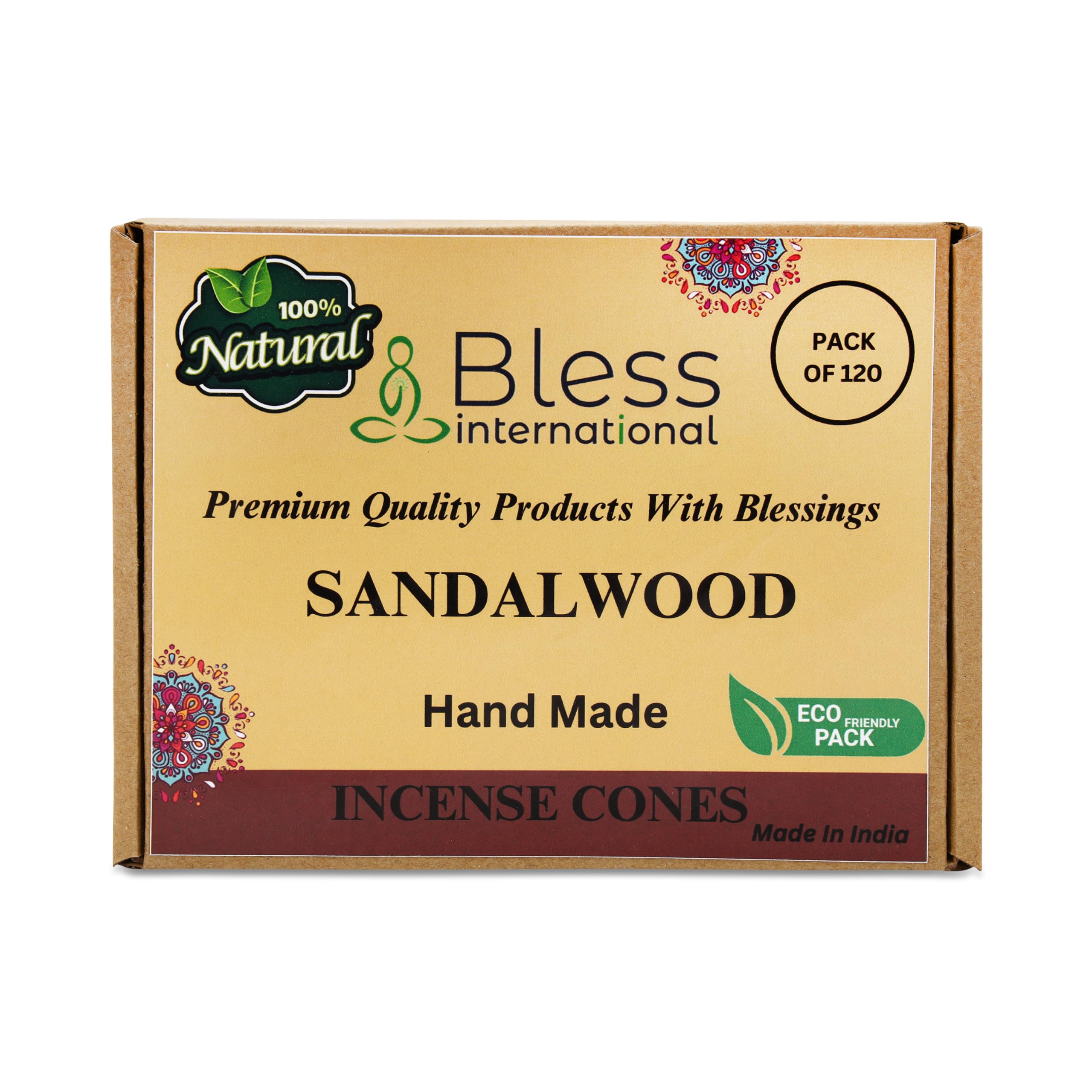 Bless International Sandalwood 100%-Natural-Incense-Cones Handmade-Hand-Dipped Organic-Chemicals-Free for-Purification-Relaxation-Positivity-Yoga-Meditation The-Best-scents 120 Count