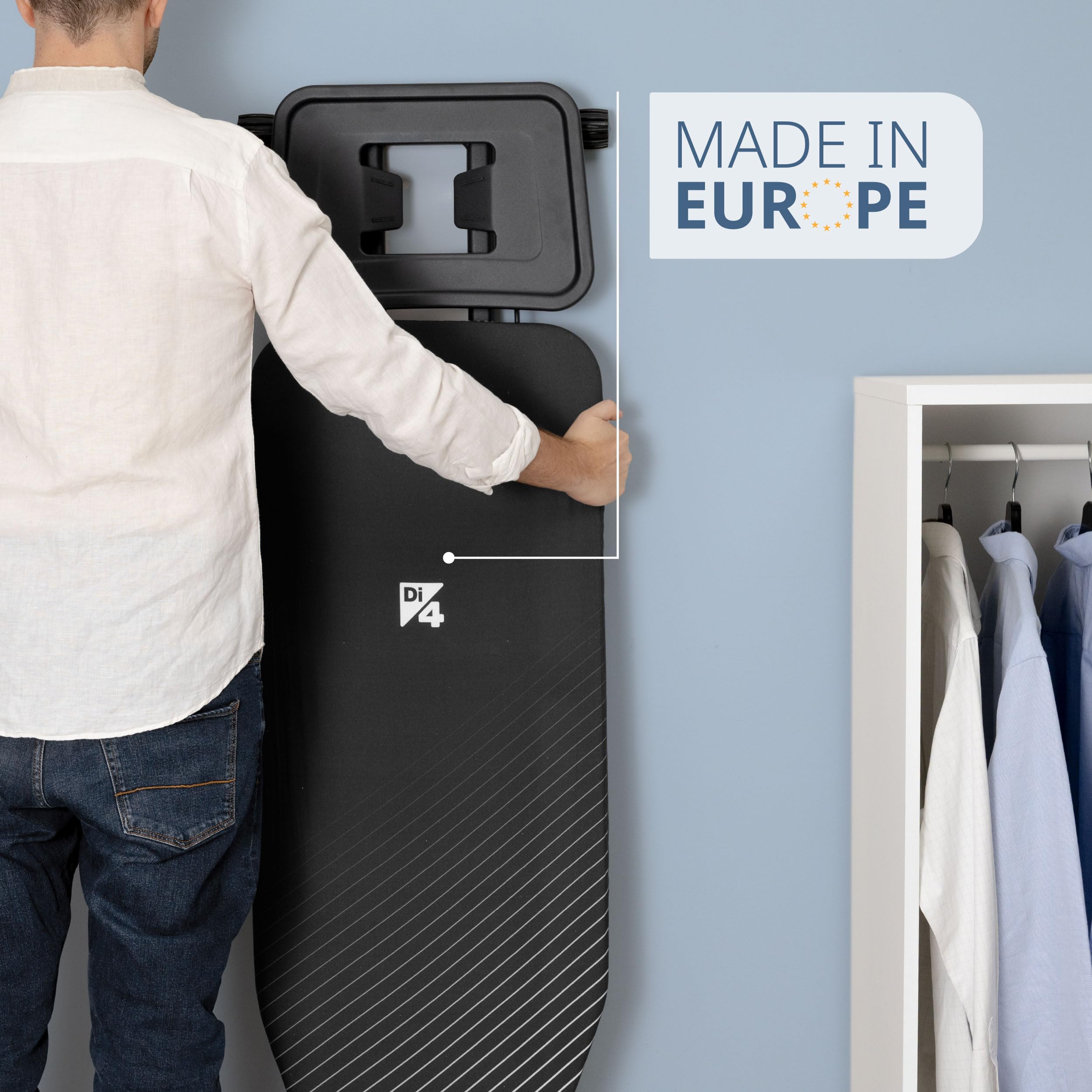 Di4 Bügeltisch Press Vivo, Bügelfläche 120x45 cm, Höhenverstellbar, Klappbar, Widerstandsfähiger Baumwollbezug, Ergonomisch, Ablage für Bügeleisen und Dampfbügelstationen