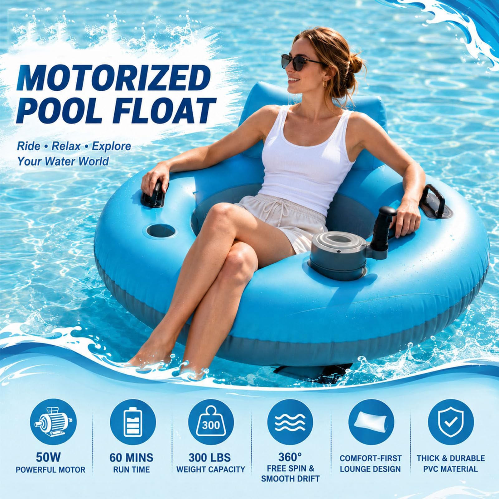 Chaise Longue de Piscine Motorisée, Flotteur électrique Rotatif 360 | Chaise Flottante 50 W avec Dossier, Sac De Rangement, Bouée Gonflable pour Adulte