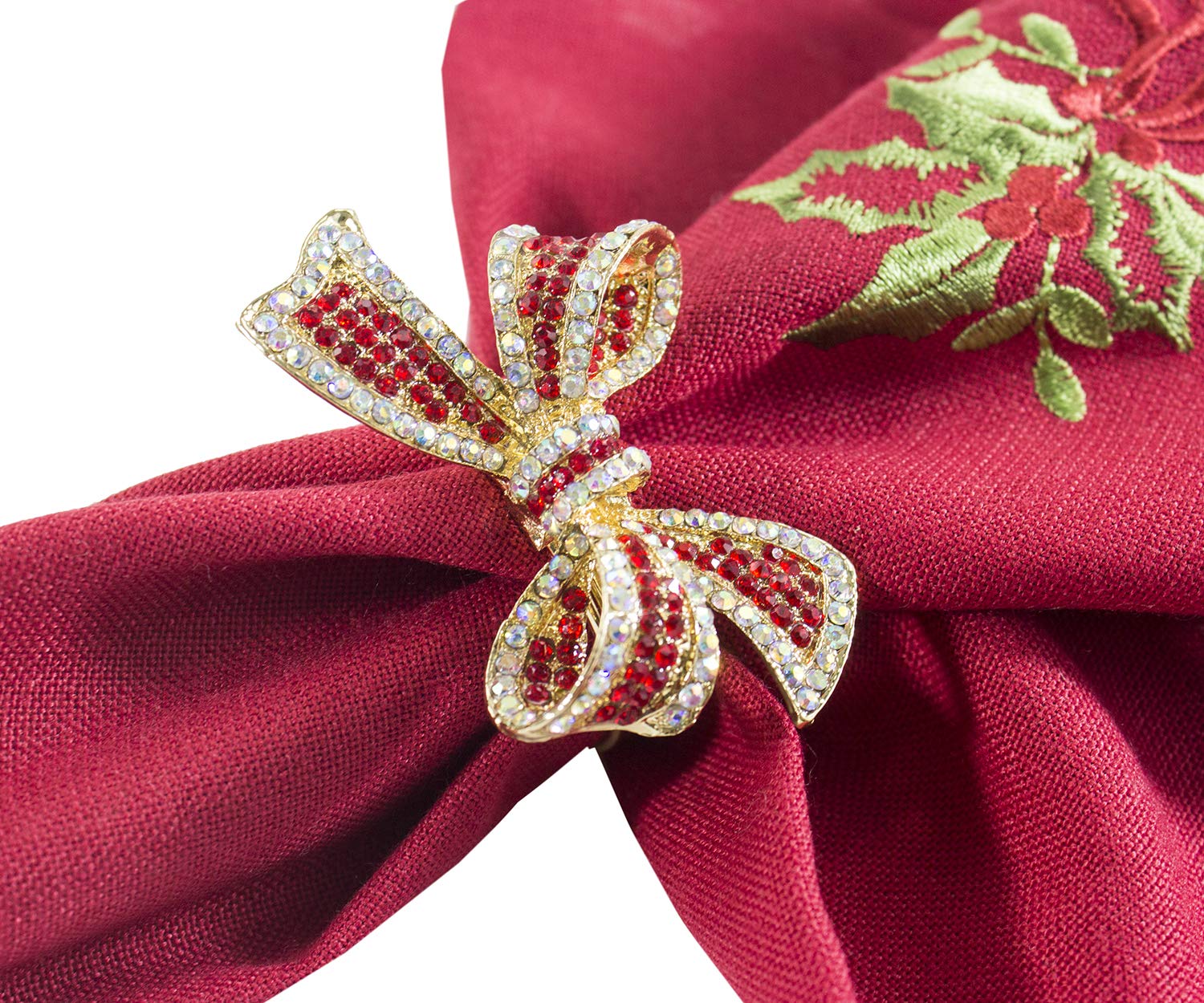 Fennco Styles Stunning Crystal Bowknot Gold-Plated Napkin Rings Wedding Holiday Table Decoration - Set of 4 (Red)