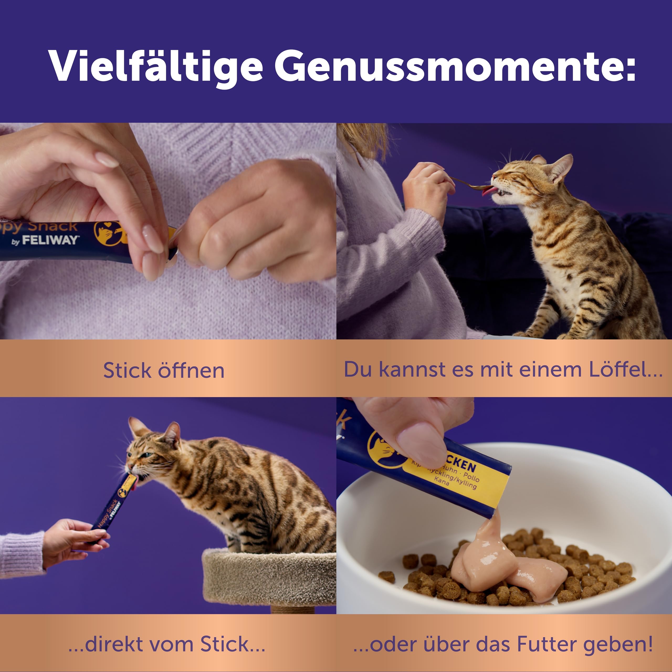 Happy Snack by FELIWAY, Huhn Geschmack, leckerer, beruhigender Leckerbissen, 24 cremige Snacksticks - Hilft Katzen, Sich enspannter zu fühlen, Entspannung zum Snacken