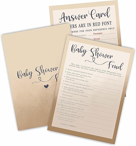 Family Feud - Tarjeta de juego para baby shower, juego de relleno de doble cara caqui de 5 x 7 pulgadas para bebé, niño o niña, 30 tarjetas y 1 30