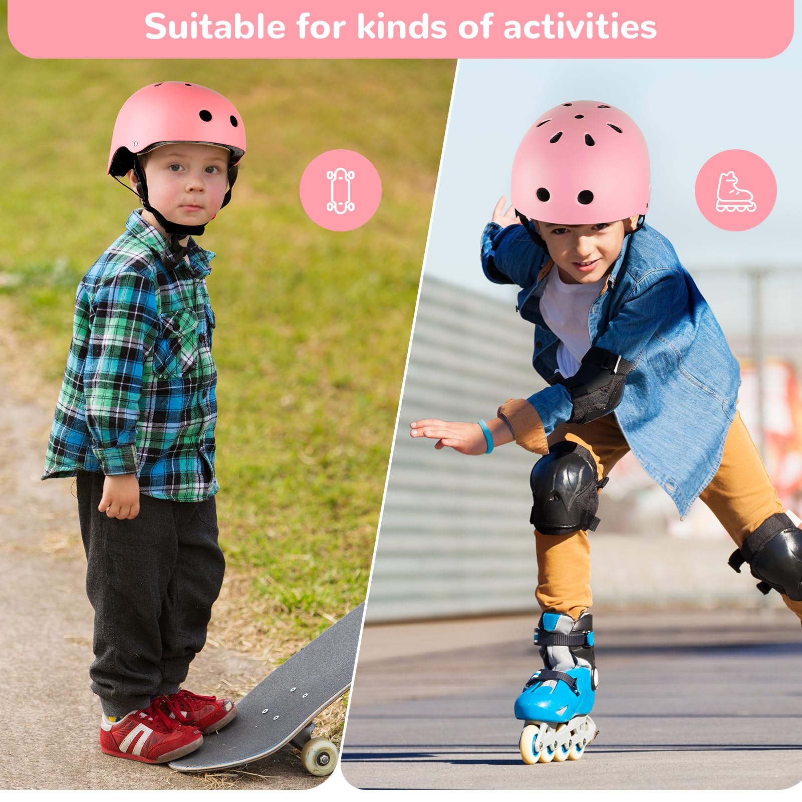 Casco da bambino certificato EN1078 CE, casco da bicicletta per bambini, mentoniera regolabile, riflettente, bicicletta, pattini, include adesivi 3D + borsa (rosa, M)