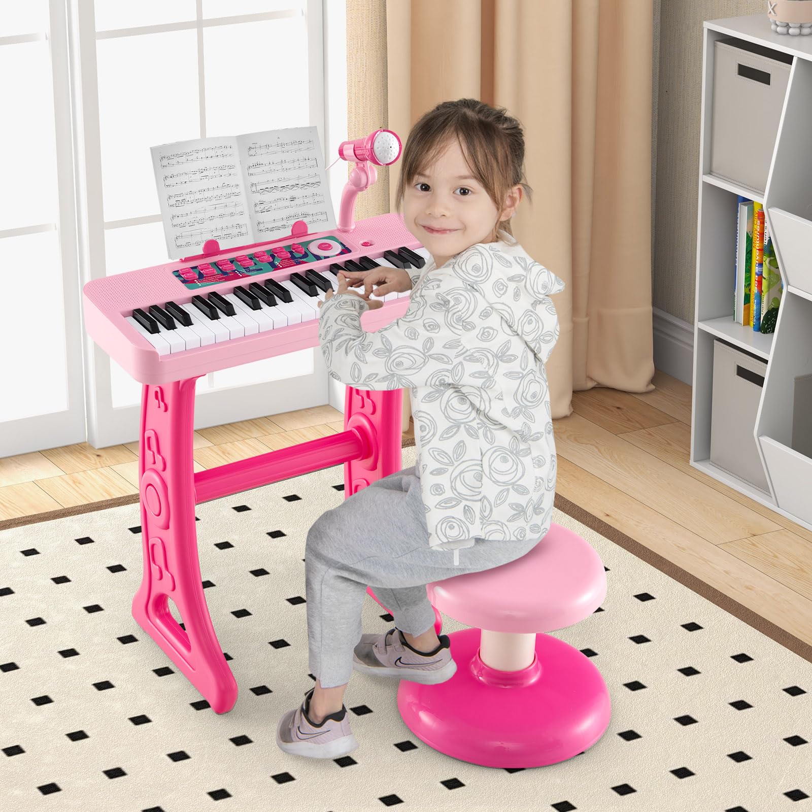 FANTASK Tastiera per bambini a 37 tasti, con sgabello e microfono (rosa)