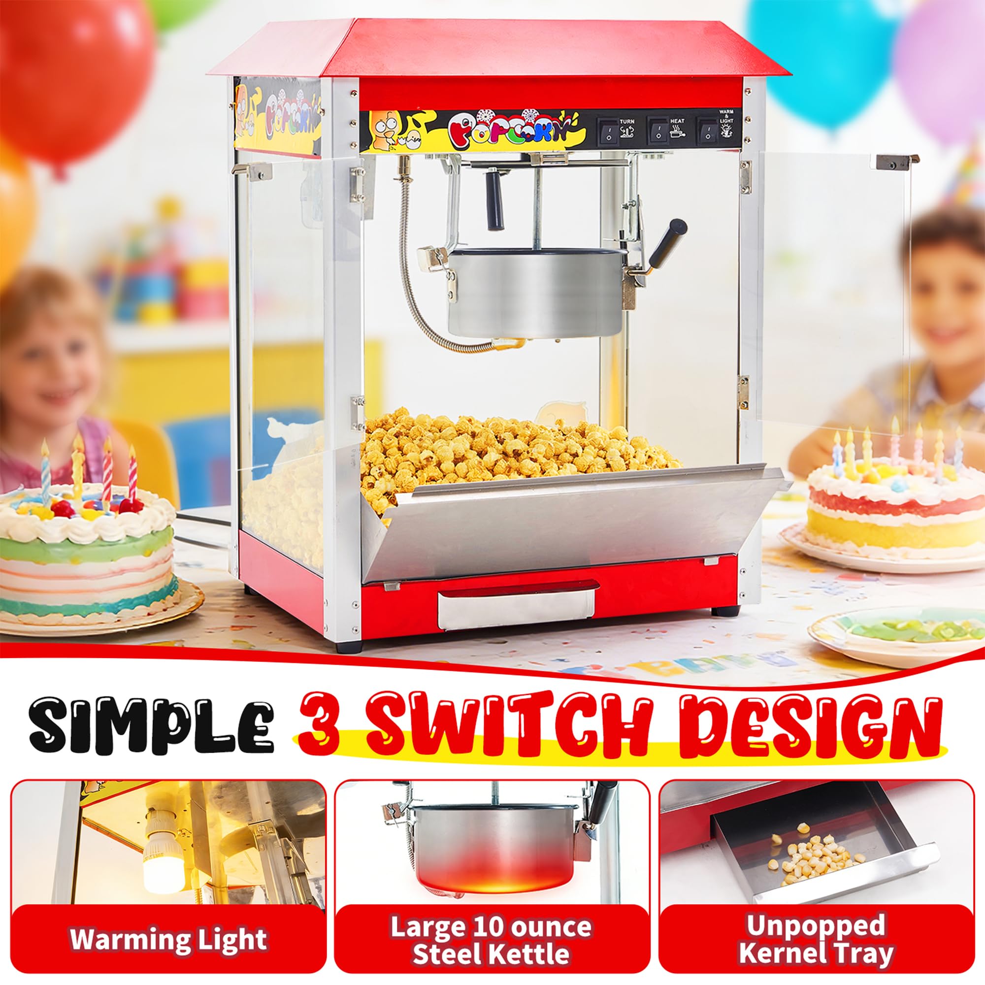 Machine à Popcorn Classique à Poser, Appareil à Pop-corn de Comptoir Électrique 1300 W, Il peut Produire 60 Tasses de Pop-corn à la fois, pour soirée cinéma