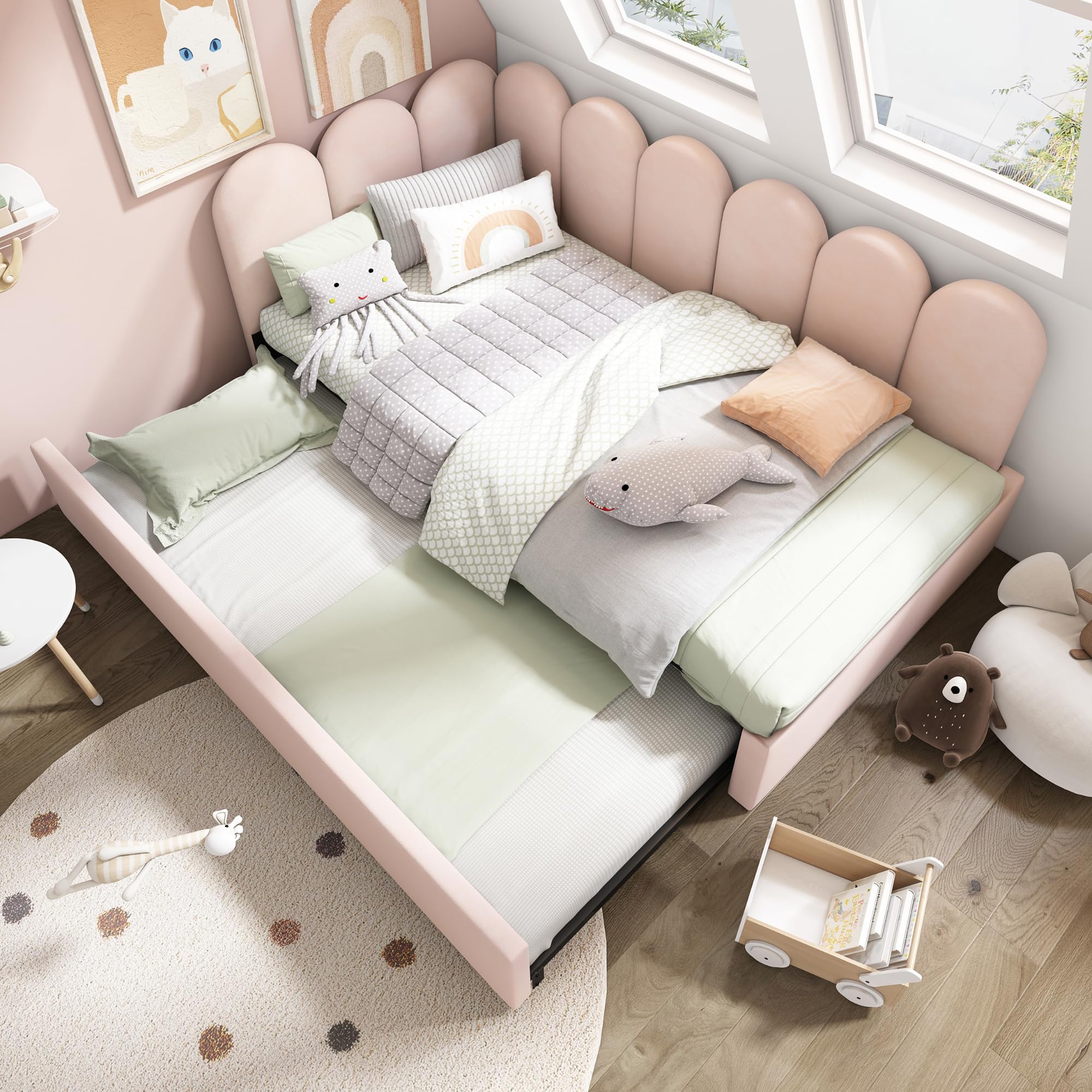 Letto imbottito, 90 x 200 cm, divano letto con letto estraibile, 90 x 190 cm, letto per bambini con rete a doghe, velluto, rosa, senza materasso