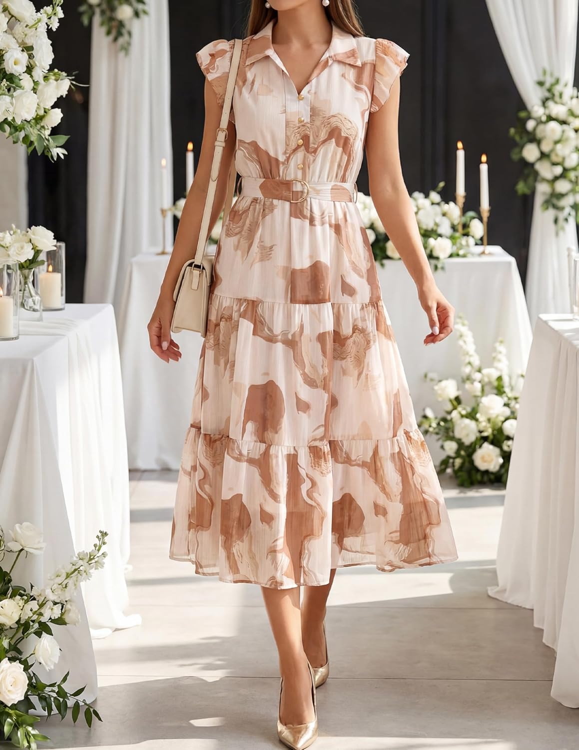 ZESICA Women's Summer Floral Midi Dress 2026 Casual Flutter Short Sleeve Chiffon Button Down Wedding Guest Party Dresses - Image 7