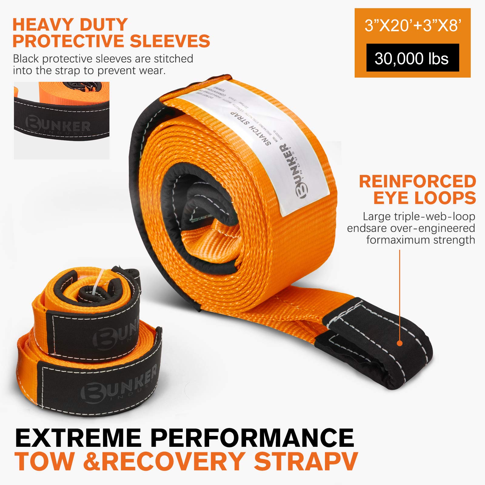 BUNKER INDUST Heavy Duty Recovery Strap Kit, 20'+8' Tow Strap + Winch