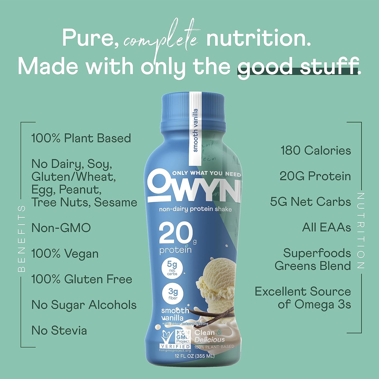OWYN Only What You Need Plant Based Protein Shake, 20g Vegan Protein from Organic Pumpkin seed, Flax, Pea Blend, Prebiotic supplement, Superfood Greens, all-in-one nutrition, Gluten & Soy-Free (Vanilla, 12 Pack) - Image 3