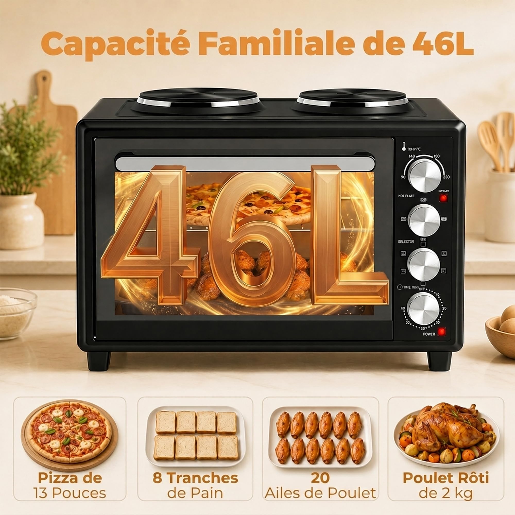 HOMCOM Mini-Four avec 2 Plaques de Cuisson, Broche Rotative, 46L, Noir