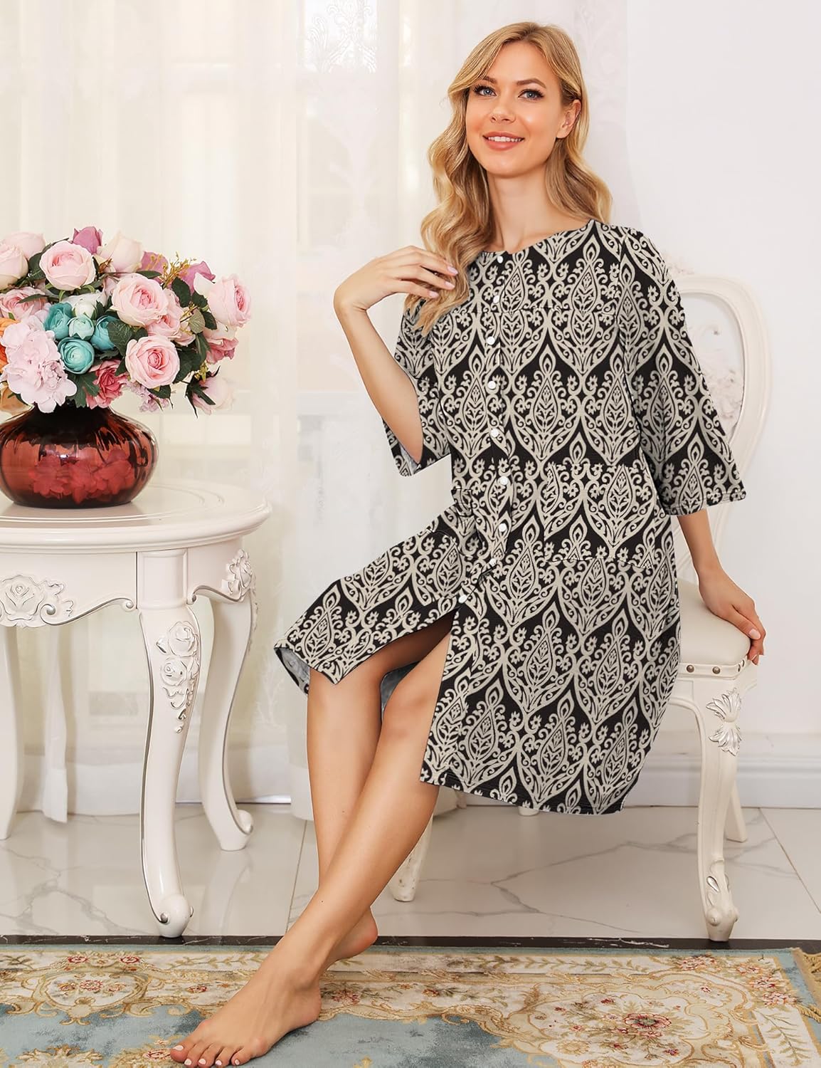 Bloggerlove House Dress Women Cotton Snap Front Nightgown 3/4 Sleeve Housecoat Duster Robe with Pockets Moomoo Patio Dress - Image 3