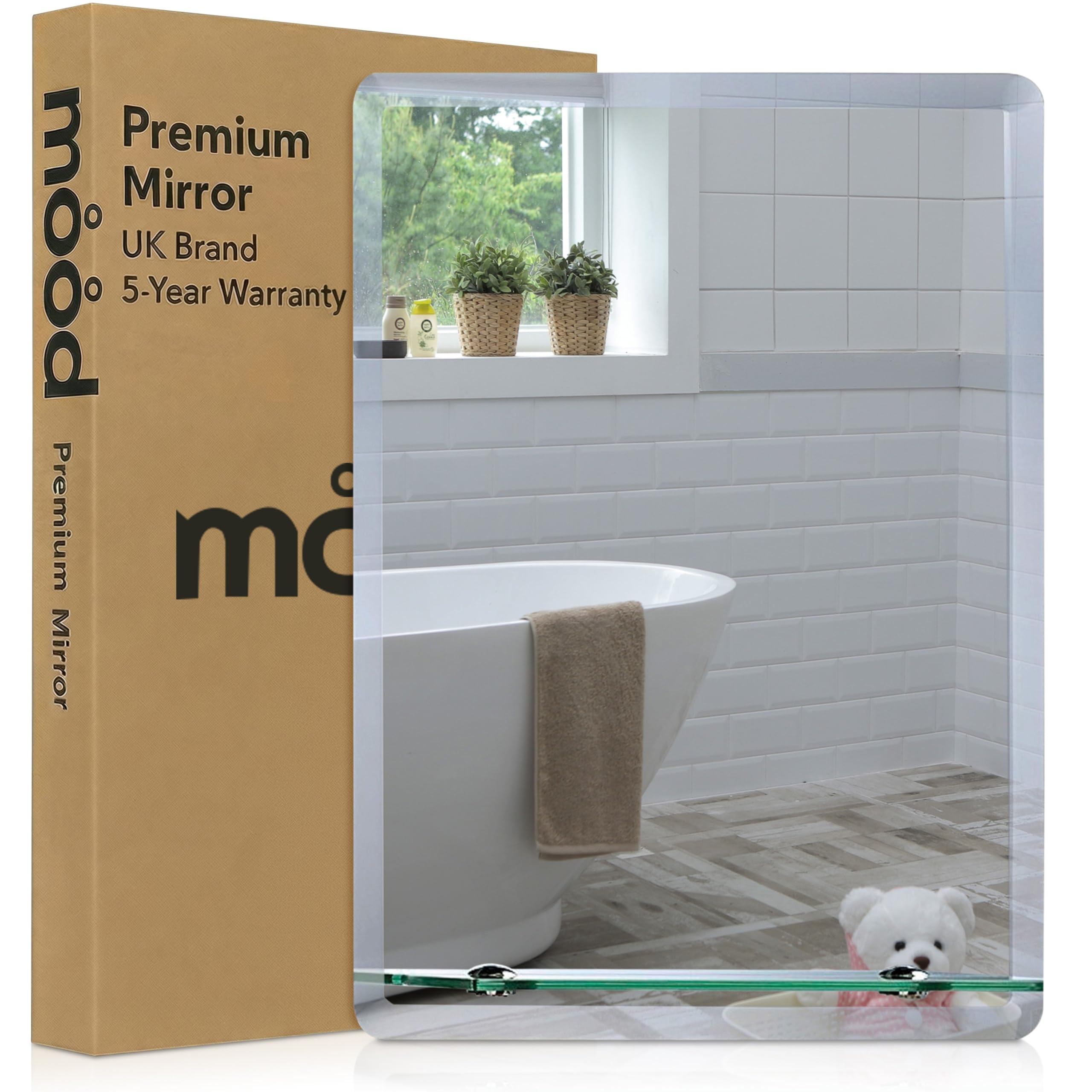 Neue Design Silver Mood® Premium Rectangular Bathroom Mirror With Shelf, Anti-Rust Wall Mounted Bevelled Frameless Mirrors, Toilet Bedroom Hallway, (50Cm X 40Cm)