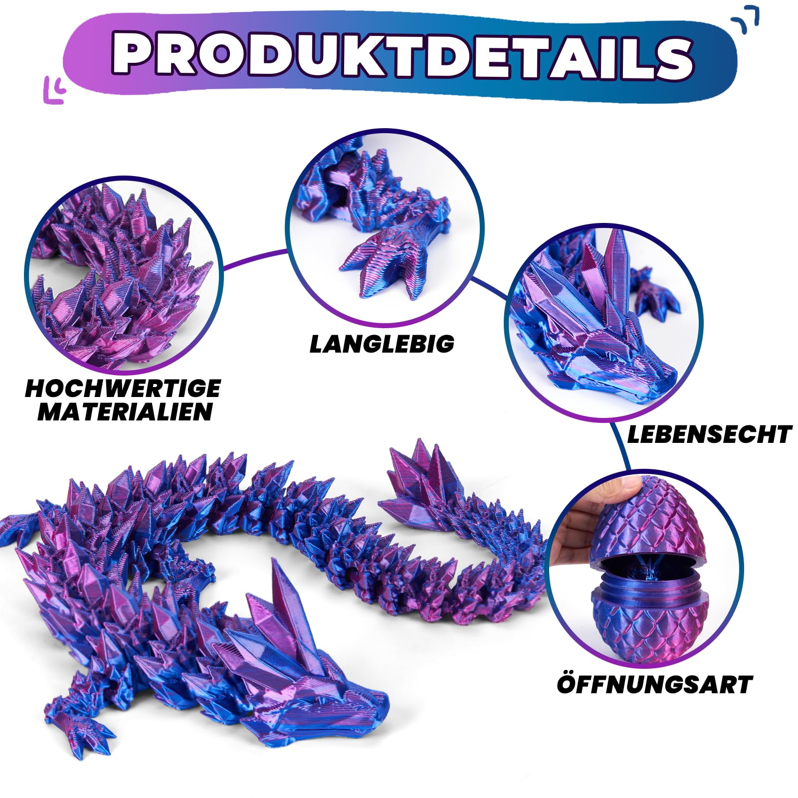 3D-Gedruckter Drache (28,5 cm) mit Drachenei – Ostern Spielzeug und Deko, Ostergeschenke Kinder, Laserviolett - 4