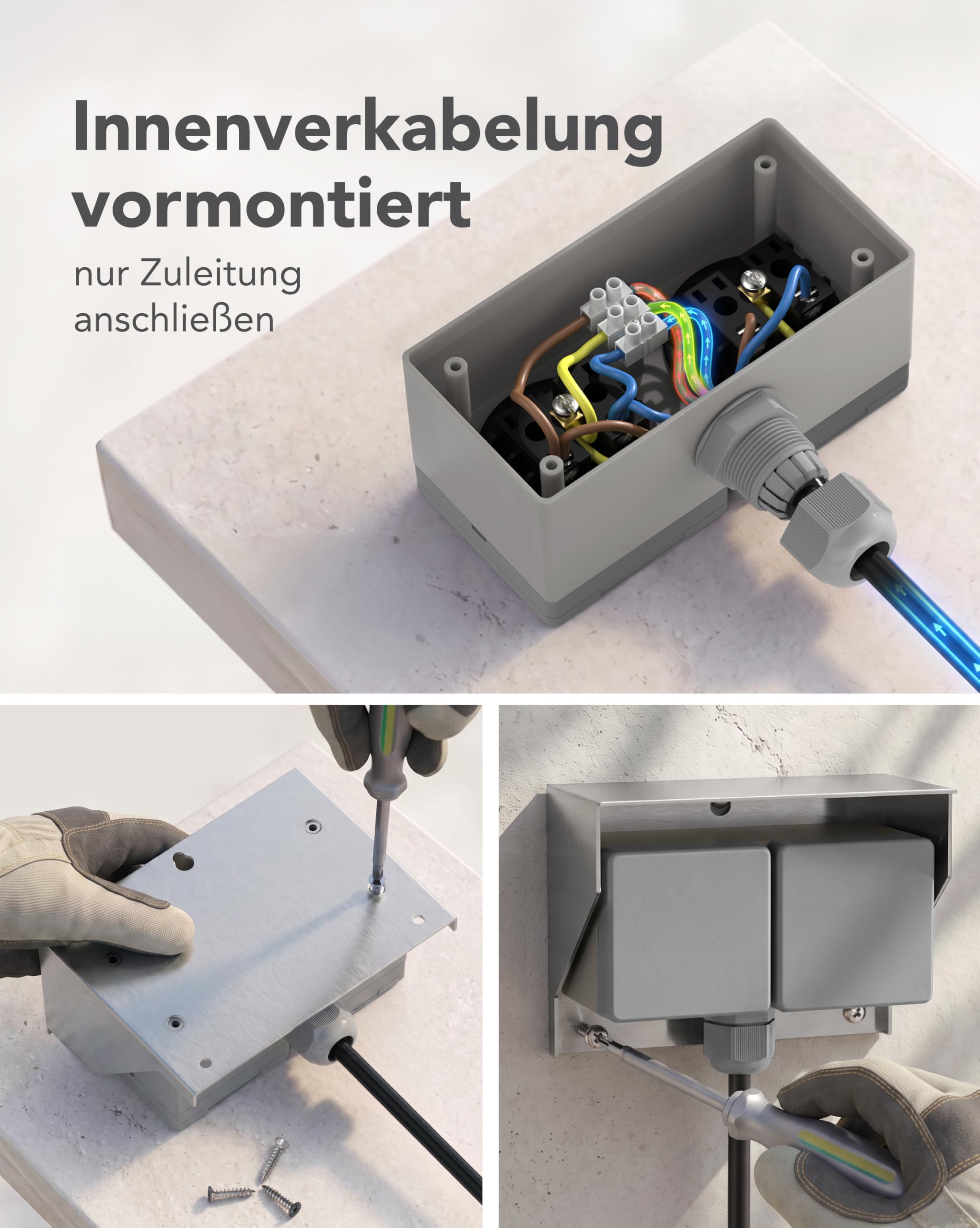 ledscom.de 2x Aufputz Steckdose PIWI für außen und 5m Kabel, IP44, 2-fach, edelstahl, waagerecht