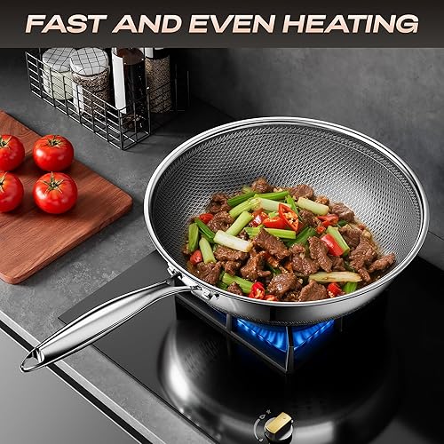 Miniatura 7 de ZEROPAN Wok Pan Hybrid Wok de 12 pulgadas con tapa, woks antiadherentes de acero inoxidable y sartenes para freír, lavavajillas hasta 12 pulgadas,