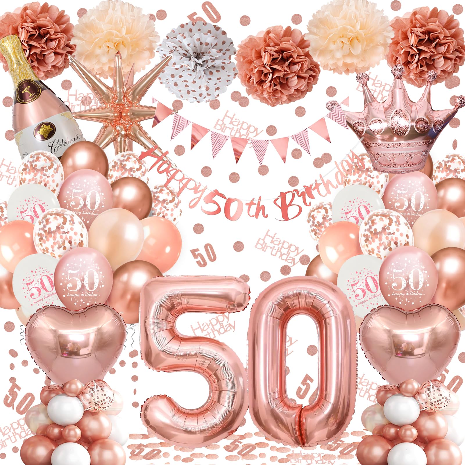 50th Birthday Balloons Rose Gold, Banner, Triangle Flag, 50th Birthday Decorations, Rose Gold Party Decorations Set, Latex, Heart, Crown And Numbers Balloons, Confetti, Paper Pom Poms