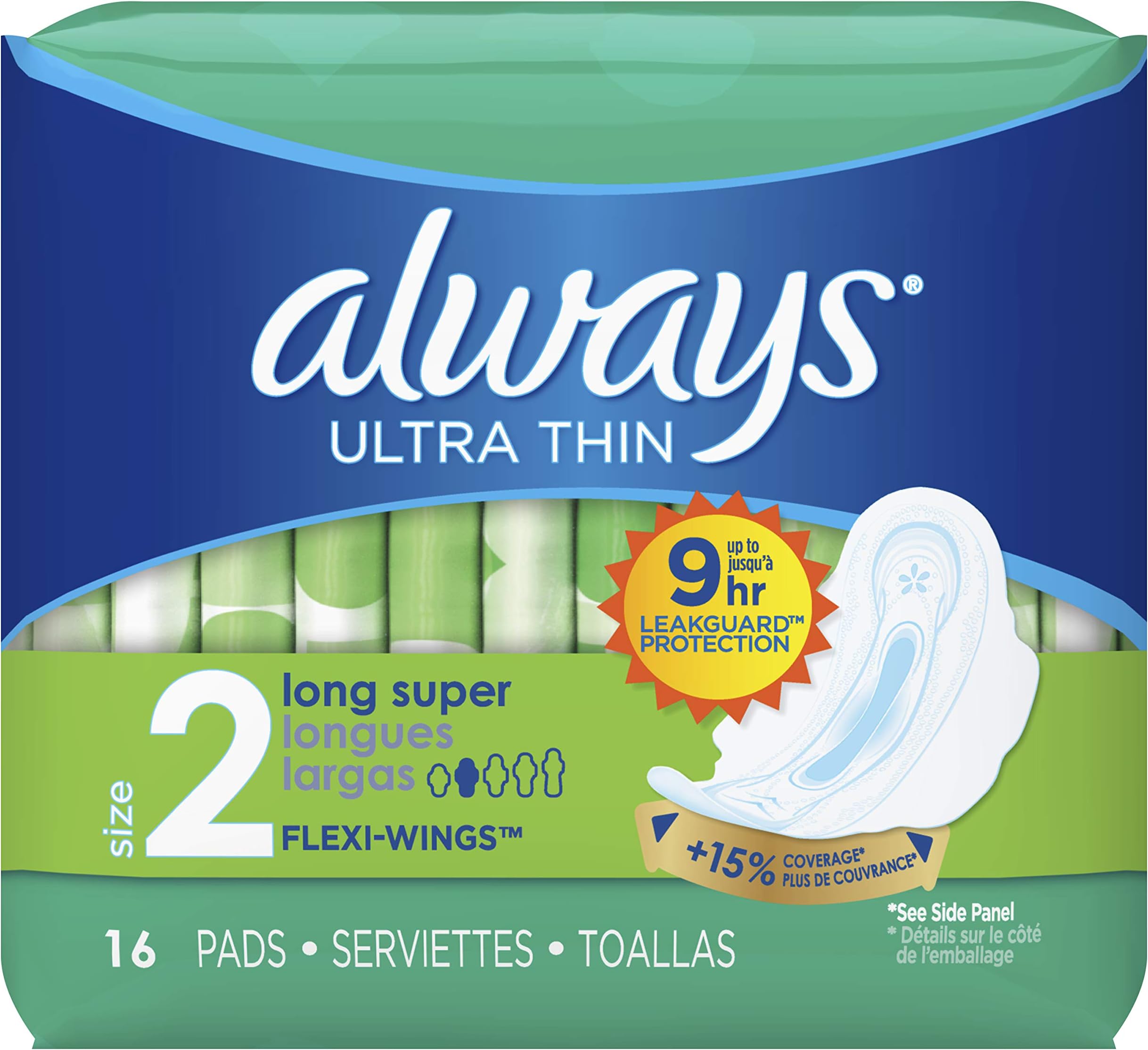 Always Ultra Thin Long/Super With Wings Unscented Pads, White, 16 Count