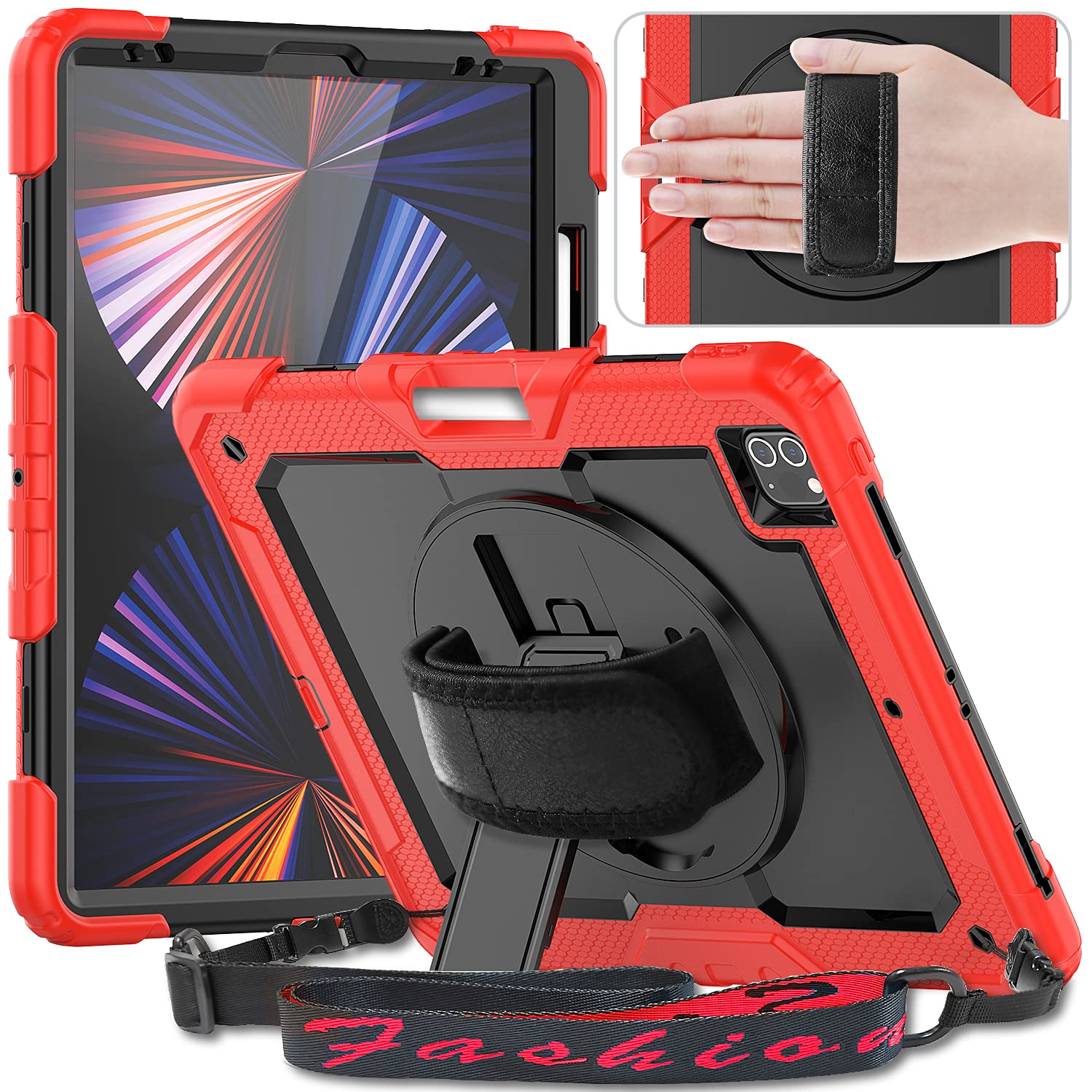 Timecity iPad Pro 12.9 6th/5th/4th Generation Case with Screen Protector Full-Body Shockproof Protective Cover with Rotating Stand, Hand/Shoulder Strap, Support Pencil 2nd Gen Charging, Red