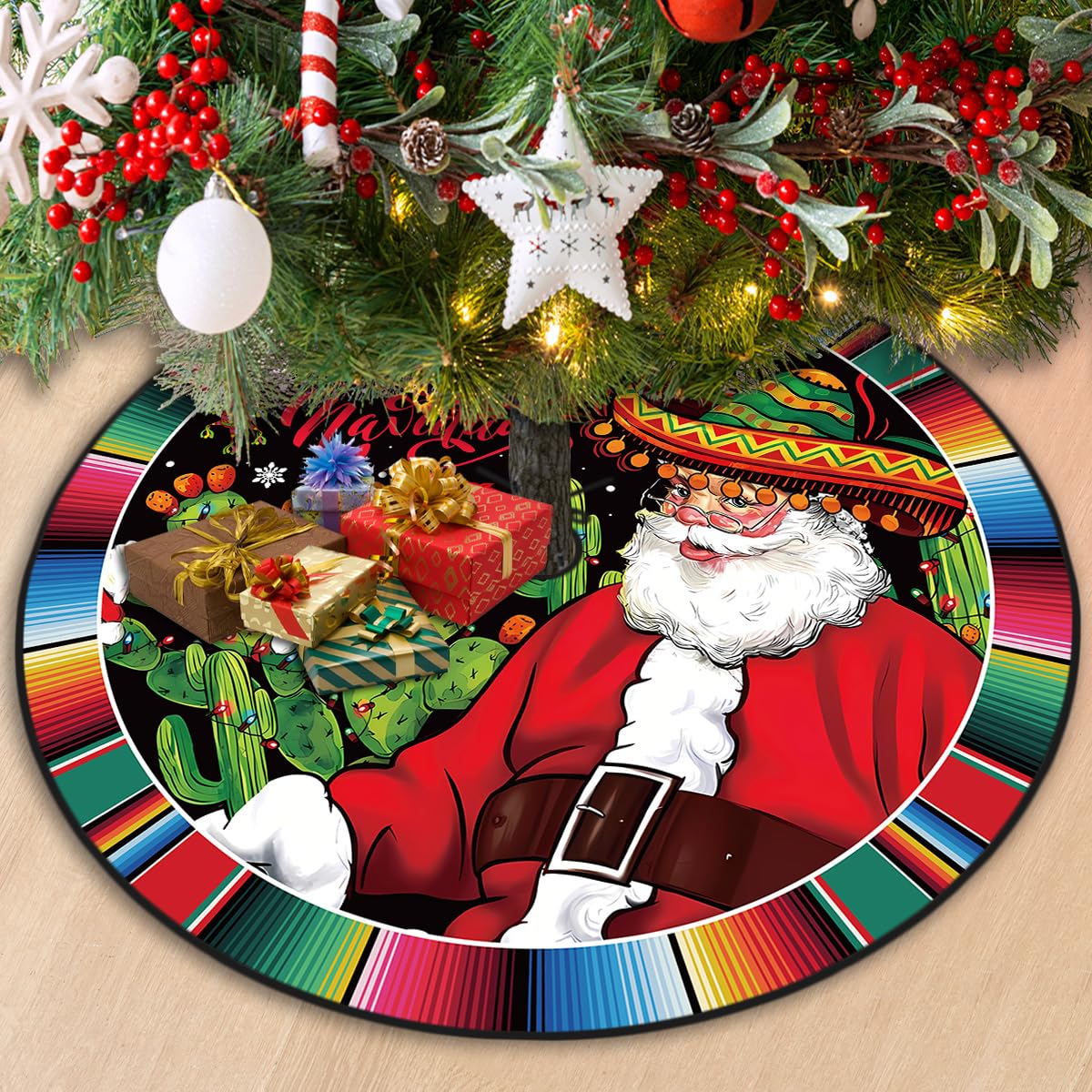 Mexican Christmas Tree Skirt 48 Inch Feliz Navidad Tree Collar Feliz Navidad Tree Decor Mexican New Year Xmas Decor Christmas Decorations for Home Party