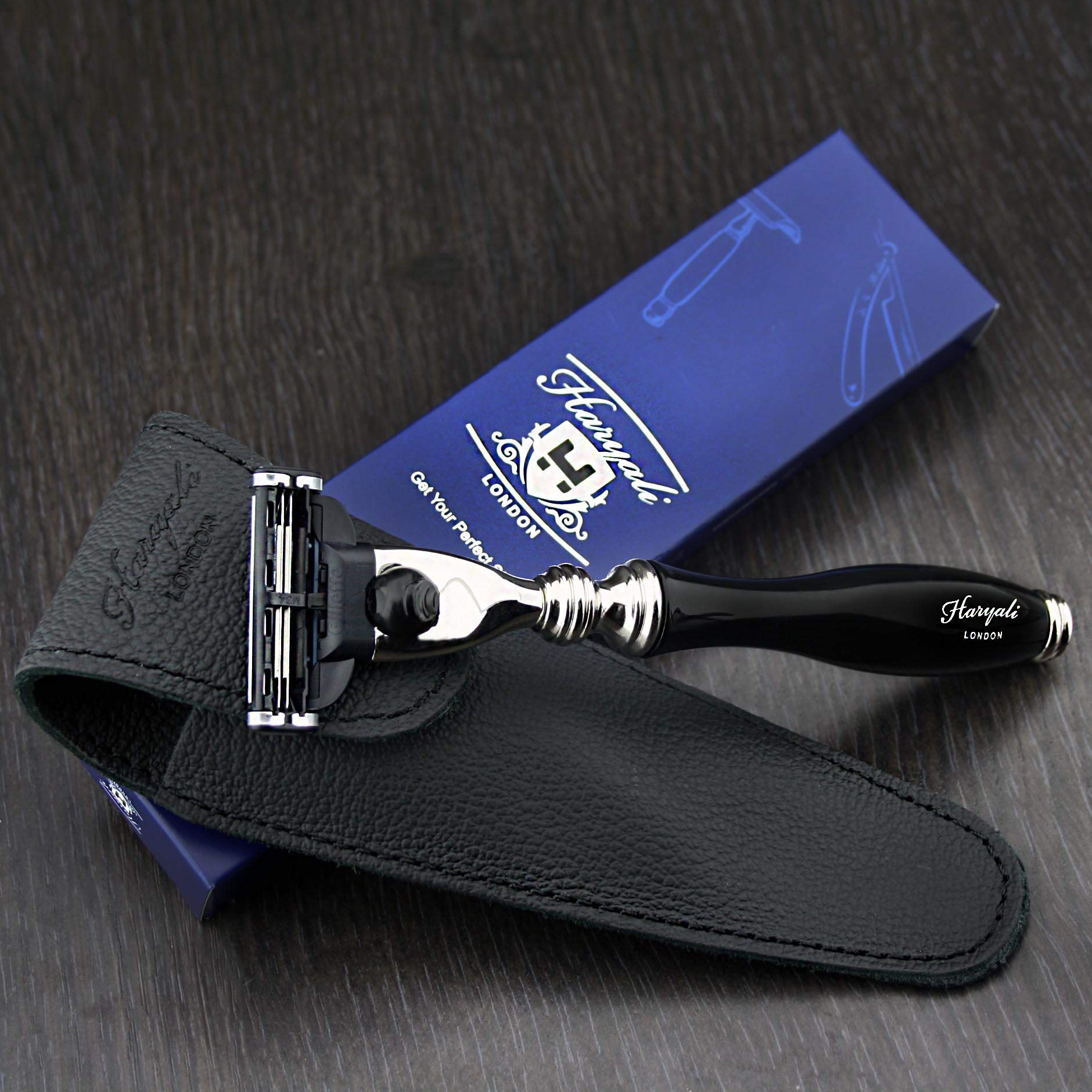 Men's Shaving Triple Edge Cartridge Compatible Razor in Black & Genuine Leather Protective Pouch | Men's Shaving & Grooming > Gents Travel Essentials - Gift for Him