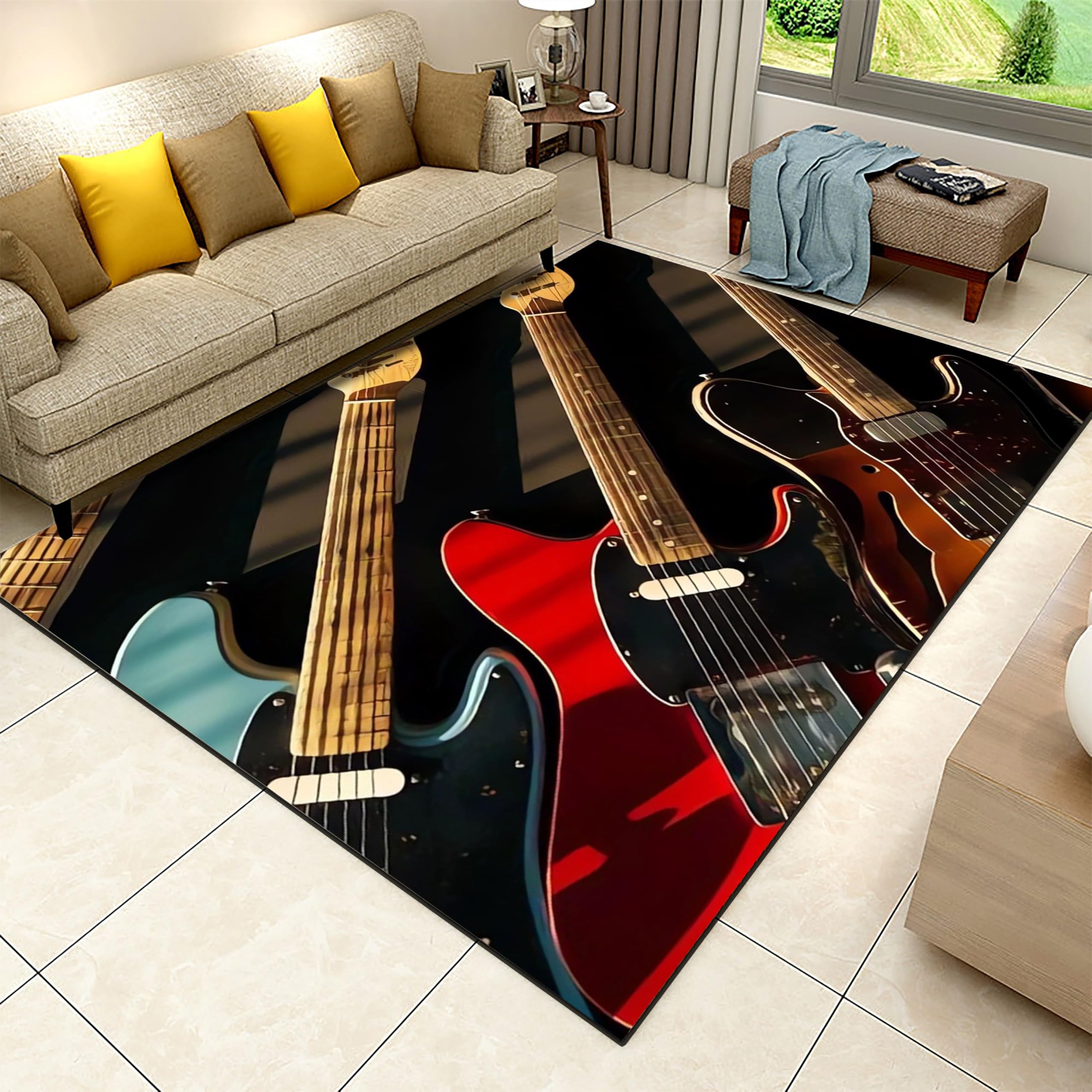 Musical Instrument Carpet for Bedroom, 6x8ft, Electric Guitar Bass Music Classroom Carpet, Durable Home Decorative Rugs, Low Pile No Crease Washable
