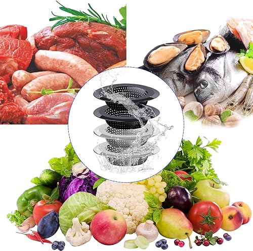 Miniatura 7 de Colador de drenaje para fregadero de cocina, paquete de 4 coladores de fregadero de acero inoxidable y malla negra para cocina con borde ancho