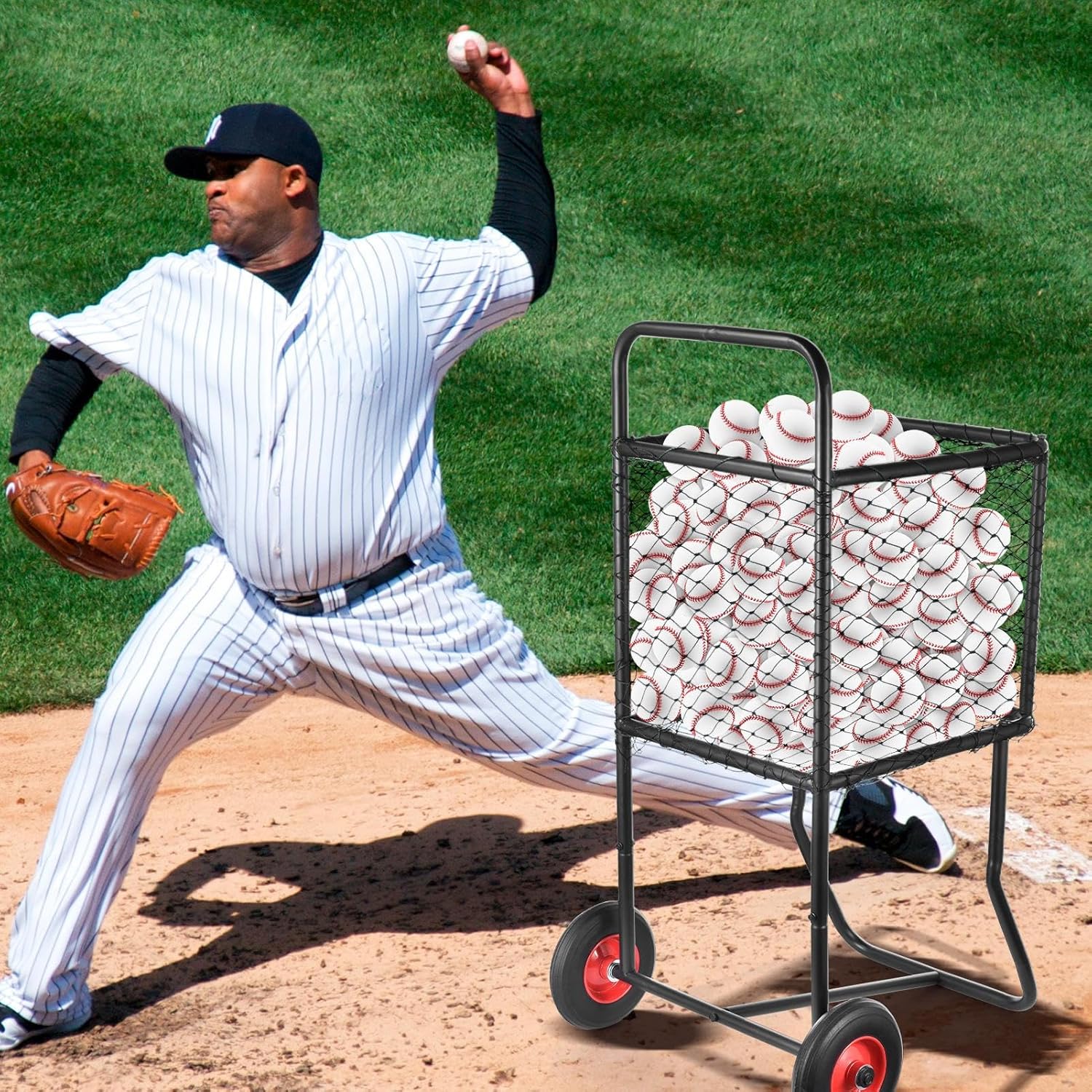 Baseball Cart with Wheels | Large Capacity Softball Caddy | Holds Up to 300 Baseballs Or 150 Softballs | Heavy Duty Powder Coated Steel Frame | 22x24x45 Inch Ball Storage Rack for Gym Field School