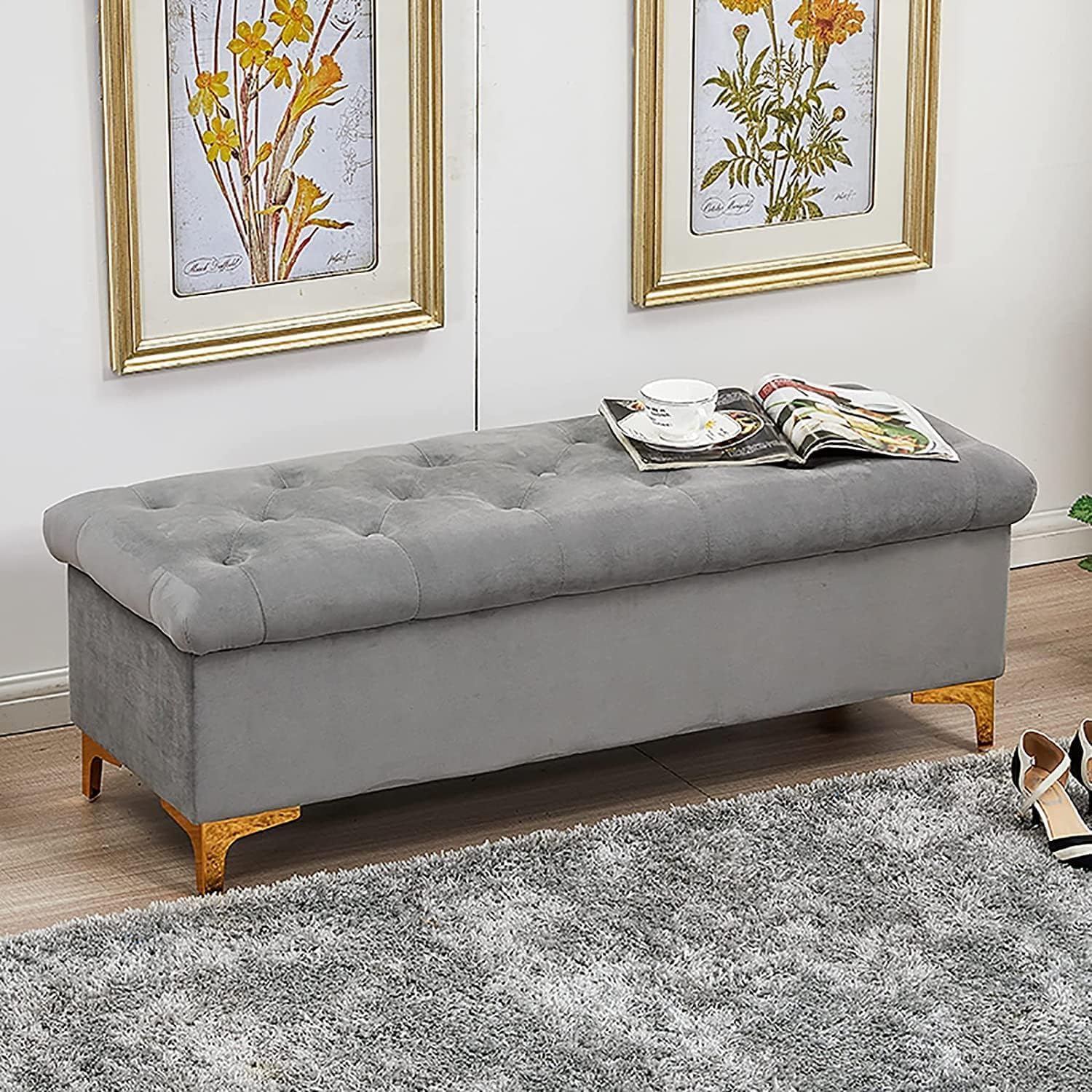 Banc de rangement rembourré premium en velours pour une chambre de luxe