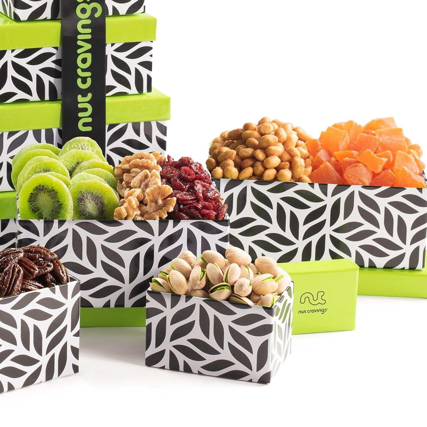 NUT CRAVINGS - Purim Mishloach Manot Dried Fruit & Mixed Nuts Gift Basket, Leaf Tower + Ribbon (12 Assortments) Ramadan Gifts Food Arrangement, Healthy Snack Care Package, Kosher - Image 3