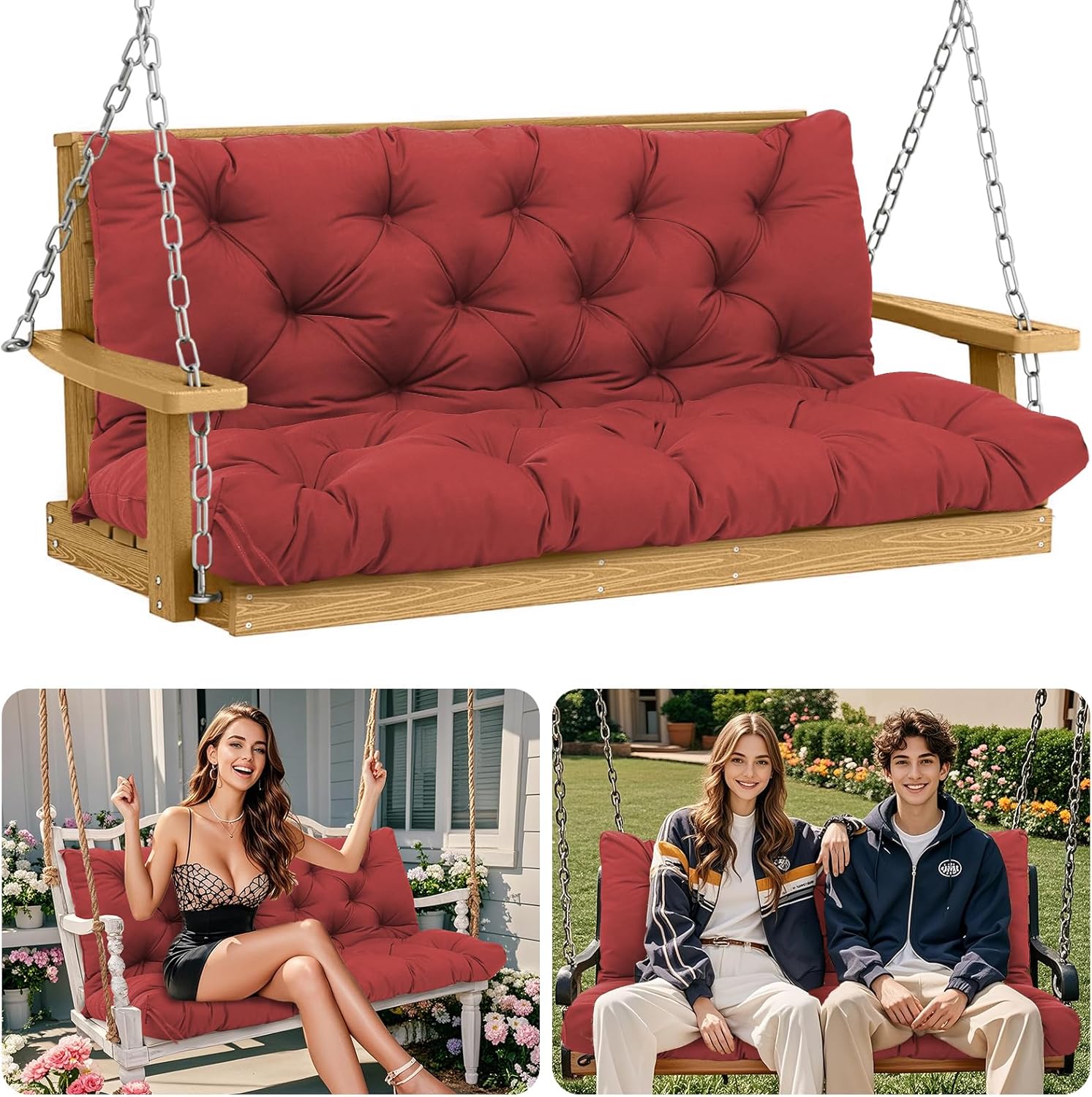 Porch Swing Cushions Outdoor 60 inch Waterproof Thick 5" Swing Cushions 3 Seater Replacement Bench Cushion with Backrest & Ties Patio Swing Cushions Replacement Swing Cushion for Outdoor Furniture