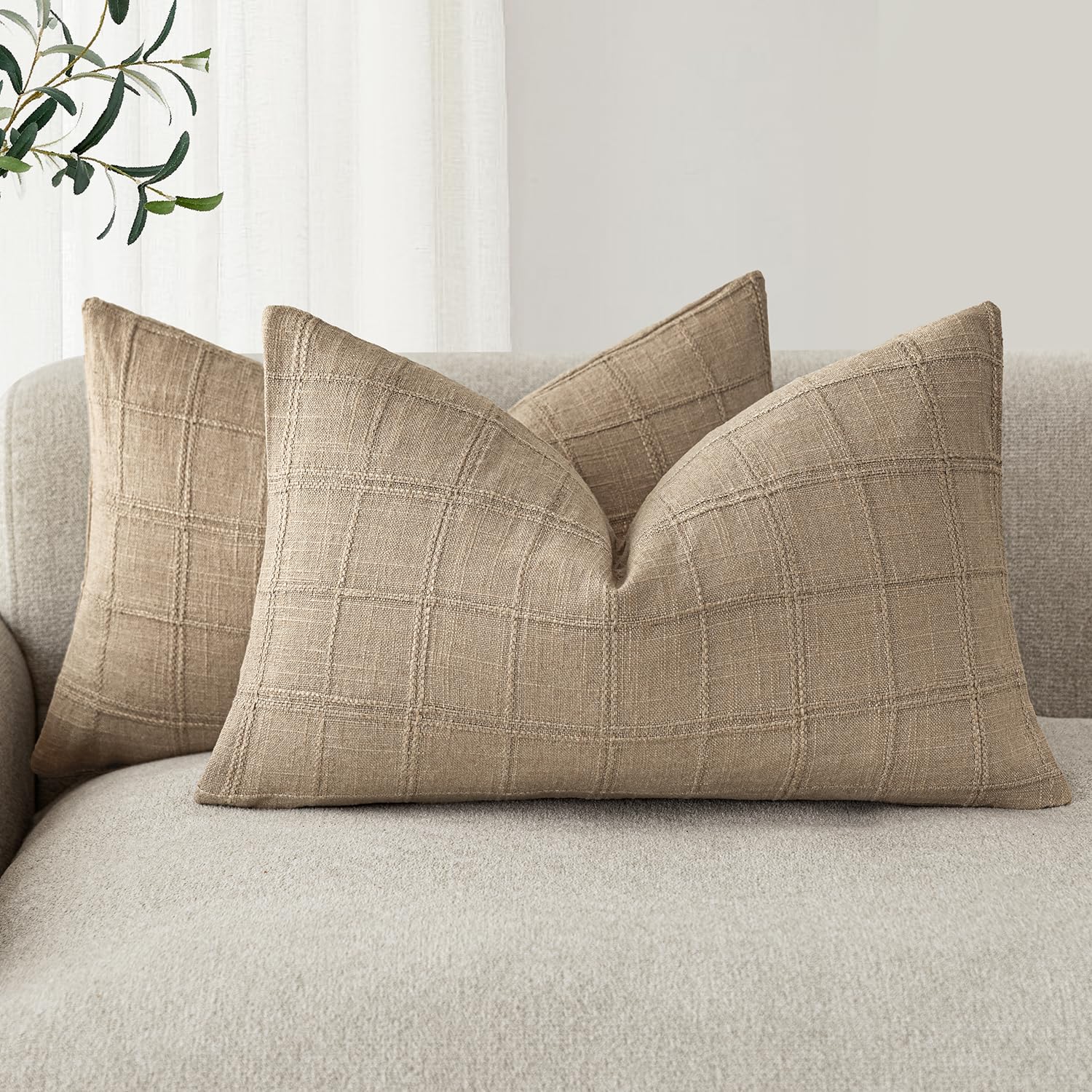 Foindtower Textured Linen Check Lumbar Throw Pillow Covers 12×24 Inch,Camel