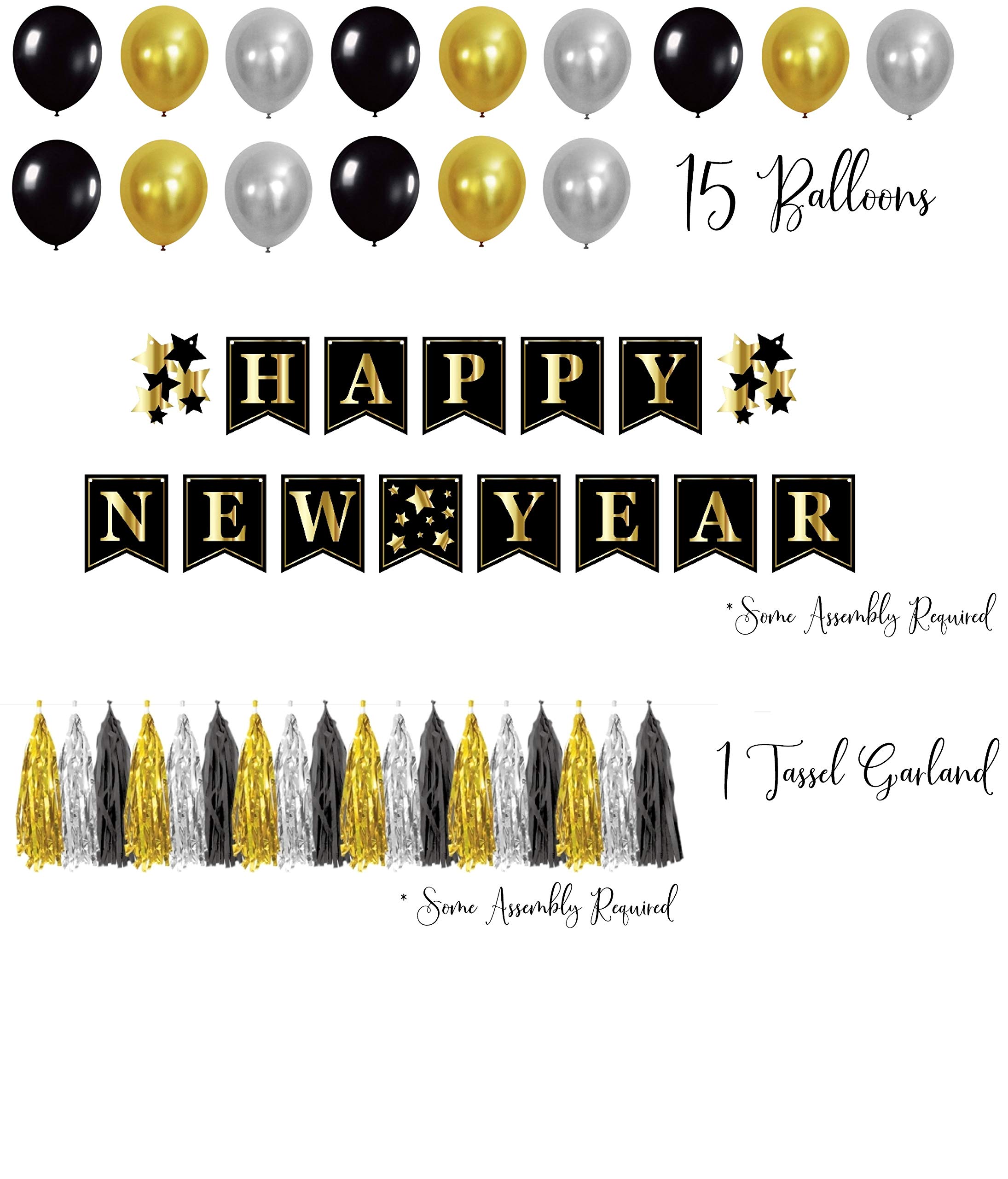 Serves 12 | New Years Eve Party Kit | Assortment for 12 | Includes Banners , Tassel Garland, Paper Hats, Tiaras, Horns , Squawkers, Balloons, Swirls and Fringe Curtains