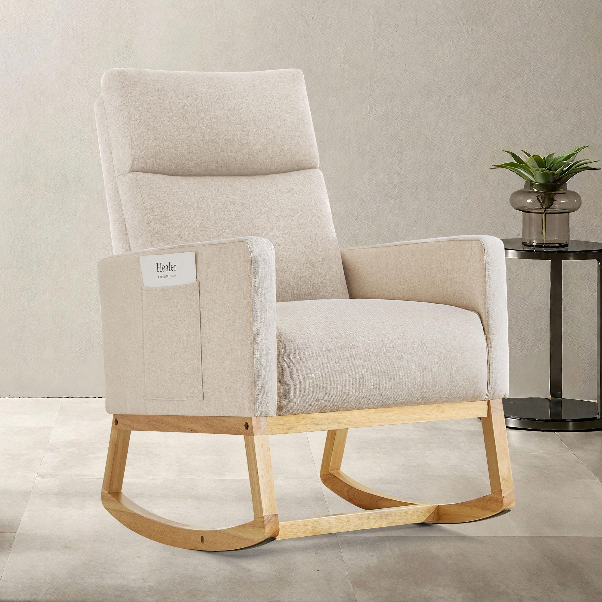 Schaukelstuhl Stillsessel Schaukelsessel, Gepolsterter Stillstuhl mit Holzbeinen & Seitentaschen, Hochlehner Stillen Sessel für Wohnzimmer, Schlafzimmer, Babyzimmer