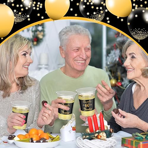 Miniatura 5 de Uiifan 50 vasos de plástico negros para fiesta de cumpleaños 60 de 16 onzas con texto en inglés "Cheers to 60" (16 onzas) para fiesta de