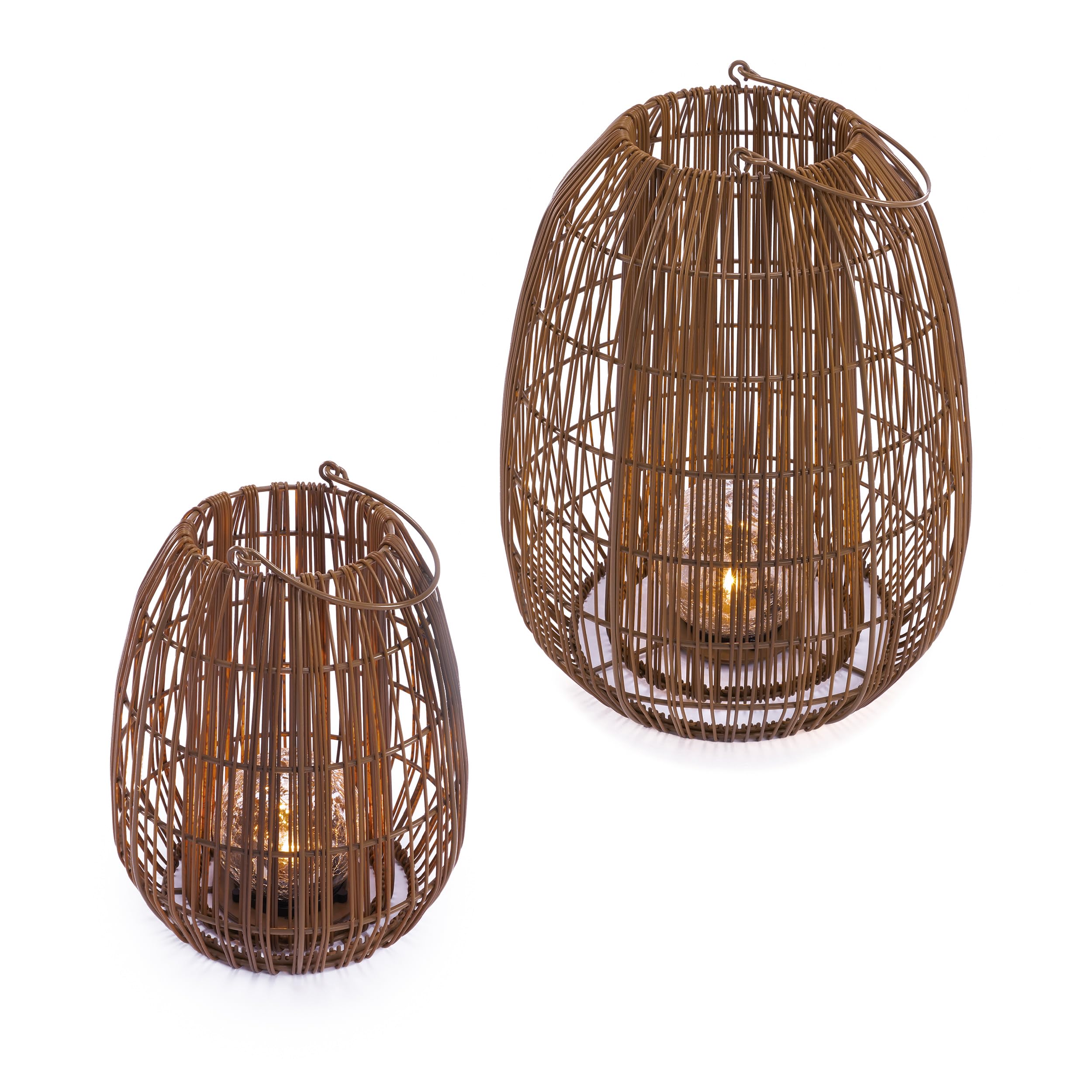 Esotec Solar Rattanleuchten Isabella, 2er Set, Crackle Bruchglas Kugel, Boho Windlichter für draußen, Polyrattan-Geflecht, Akku, Solarleuchte Rattan, wetterfest, outdoor, außen, IP44, 102283