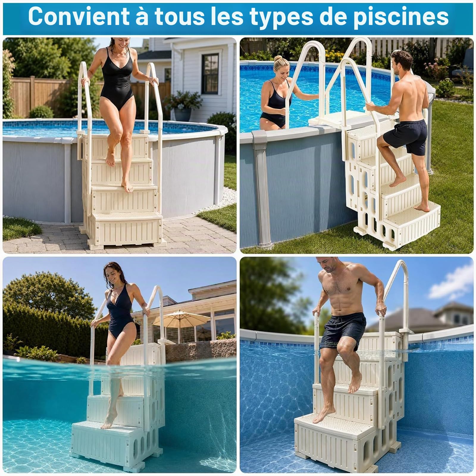 Escaliers de Piscine Hors Sol à Hauteur Réglable avec Rampe