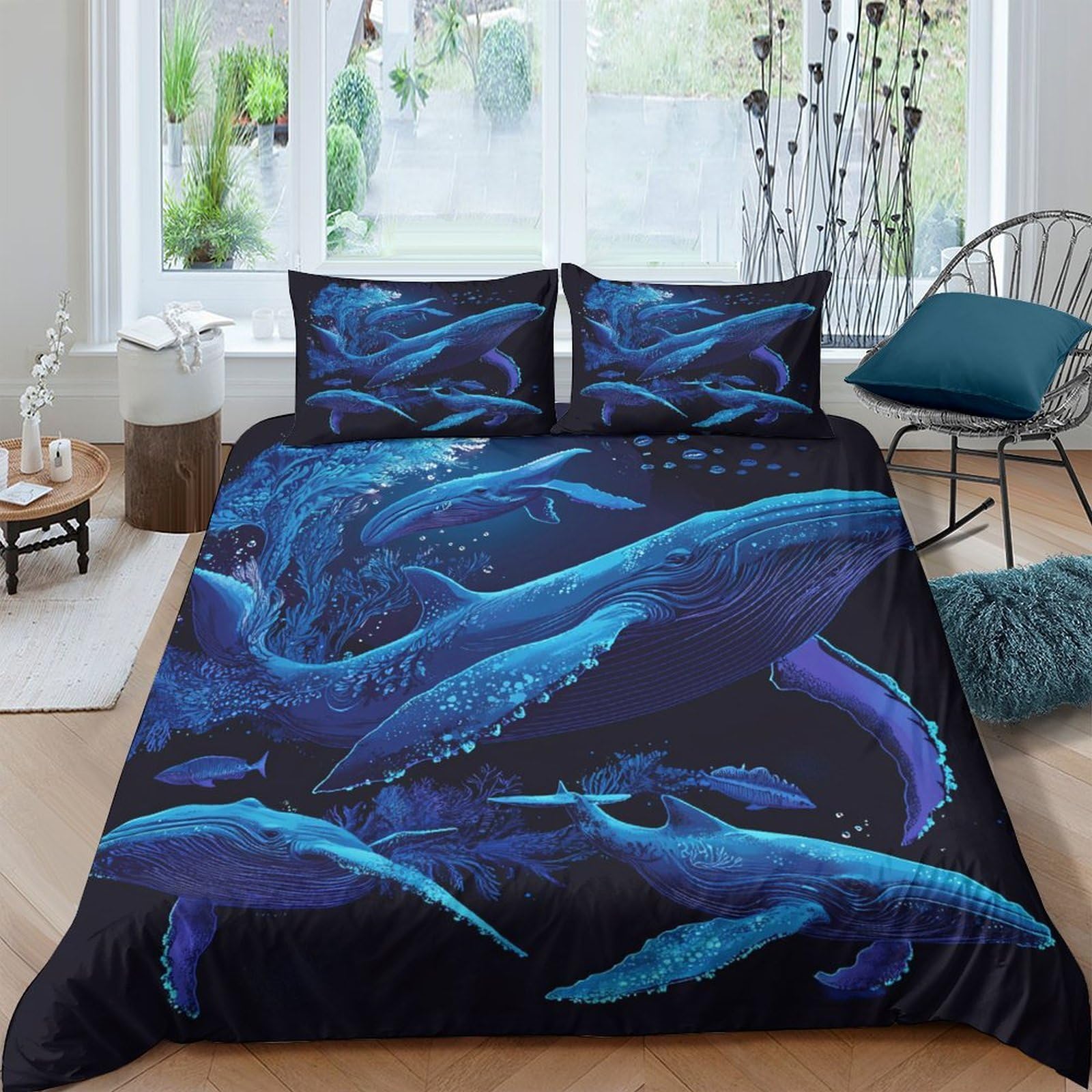 GPLZQXKJNH 3D Printed Ocean Whale Duvet Cover Microfiber Soft Breathable Deep Sea Bedding Set with 2 Pillowcases for Bedroom Decor Single（135x200cm）