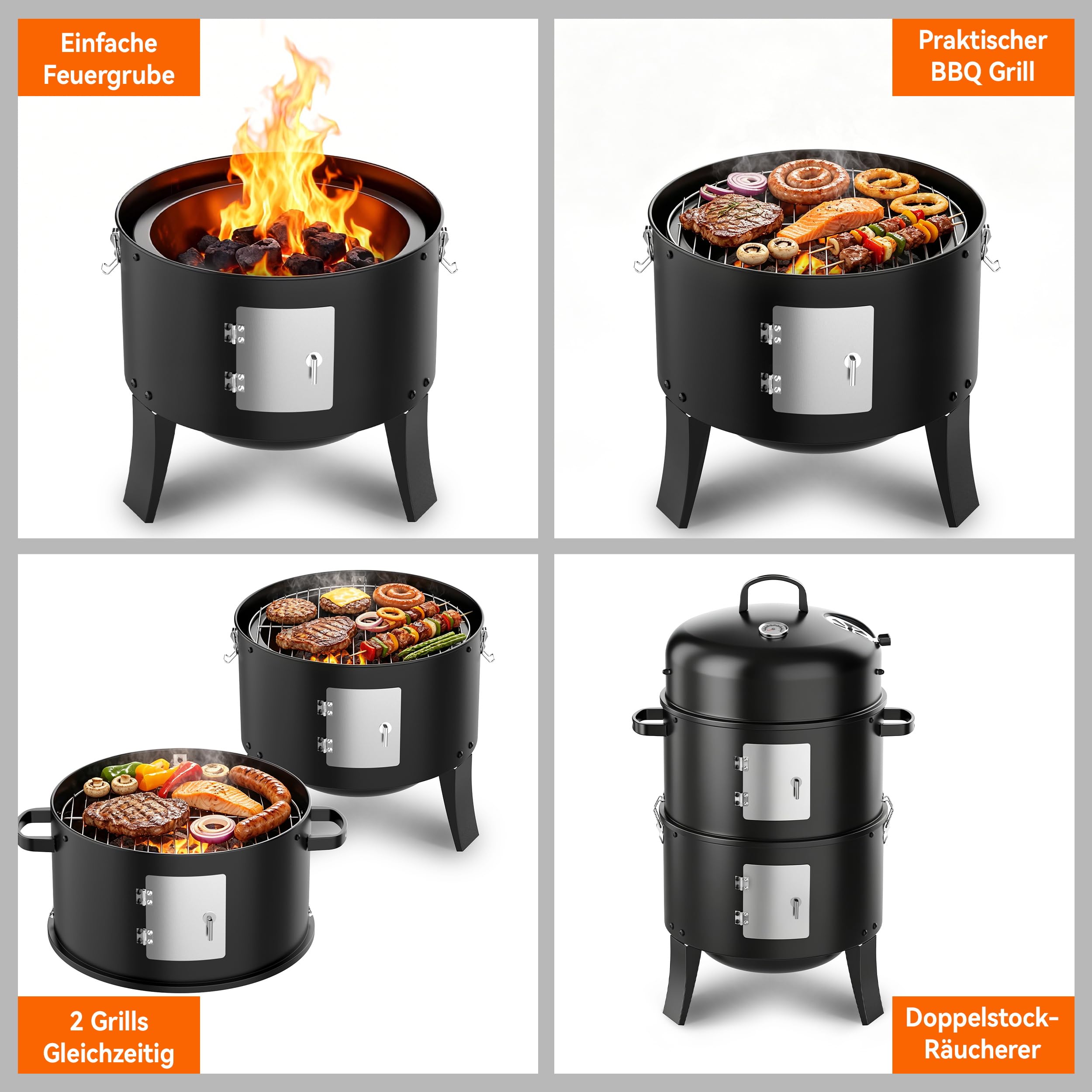 KEYO GRILL Tragbarer Räucherofen - 342 Quadratzoll, Robuster 3-in-1-Holzkohlegrill mit 2 Edelstahlrosten & Eingebautem Thermometer, Campinggrill für Garten, Schuppen, Terrasse