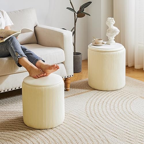 Miniatura 5 de IBUYKE Otomana redonda con almacenamiento, juego de 2, mesa de centro otomana de bouclé para sala de estar, taburete de tocador de terciopelo,