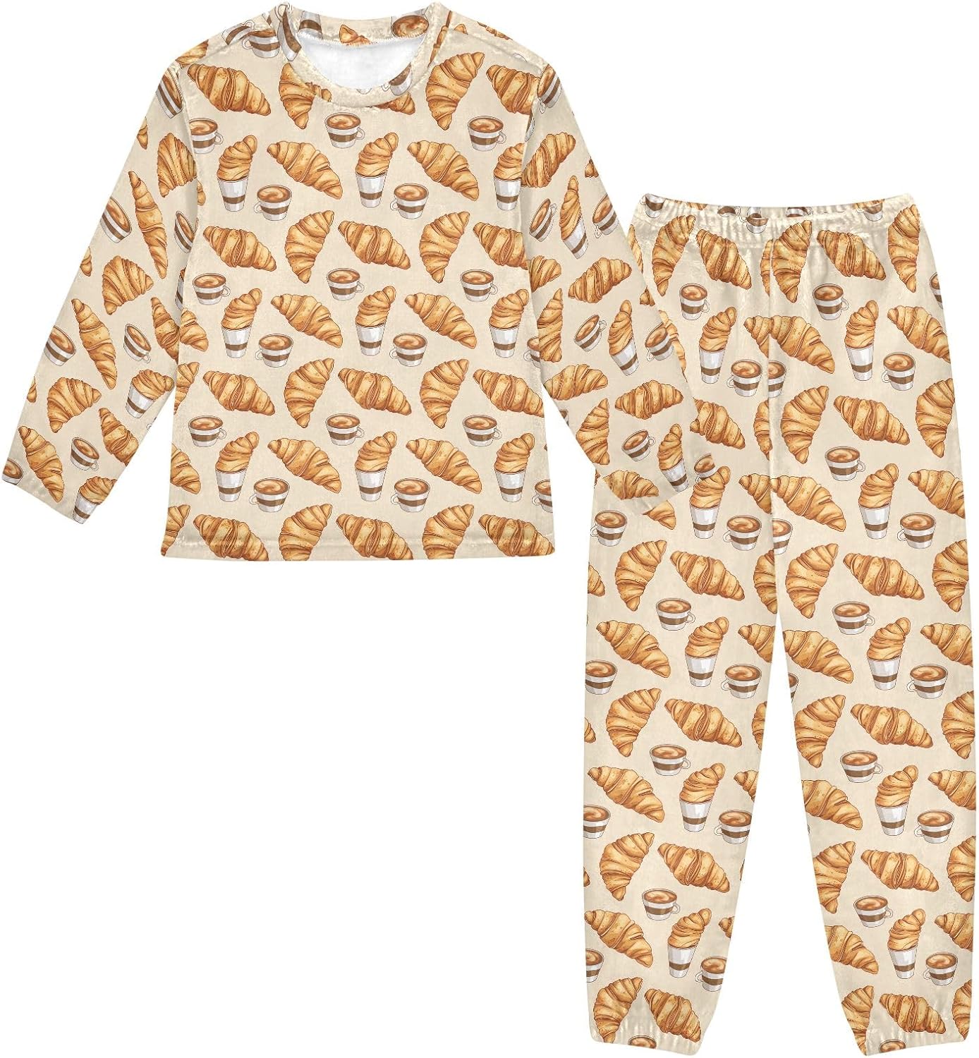 Kids Flannel Sets Croissant and Coffee Warm Plush Relaxed Clothing for Boys and Girls