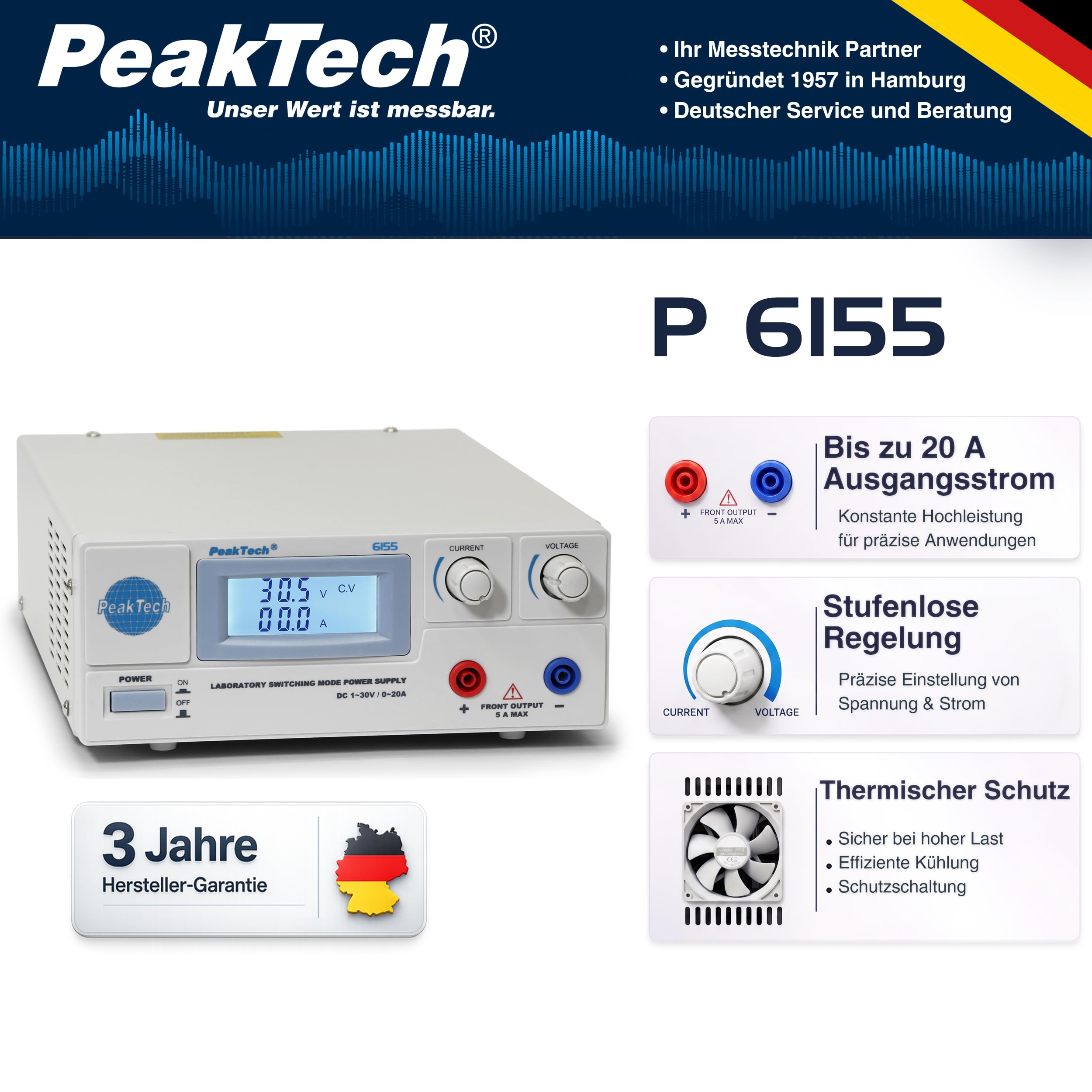 Peaktech 6155 - Alimentatore da Laboratorio Digitale Dc 1-30 V/0-20A, Schermo LCD, Alimentatore a Commutazione Affidabile, Protezione Contro le Sovratensioni, Uscita: 600 W - 214 x 87 x 336 mm